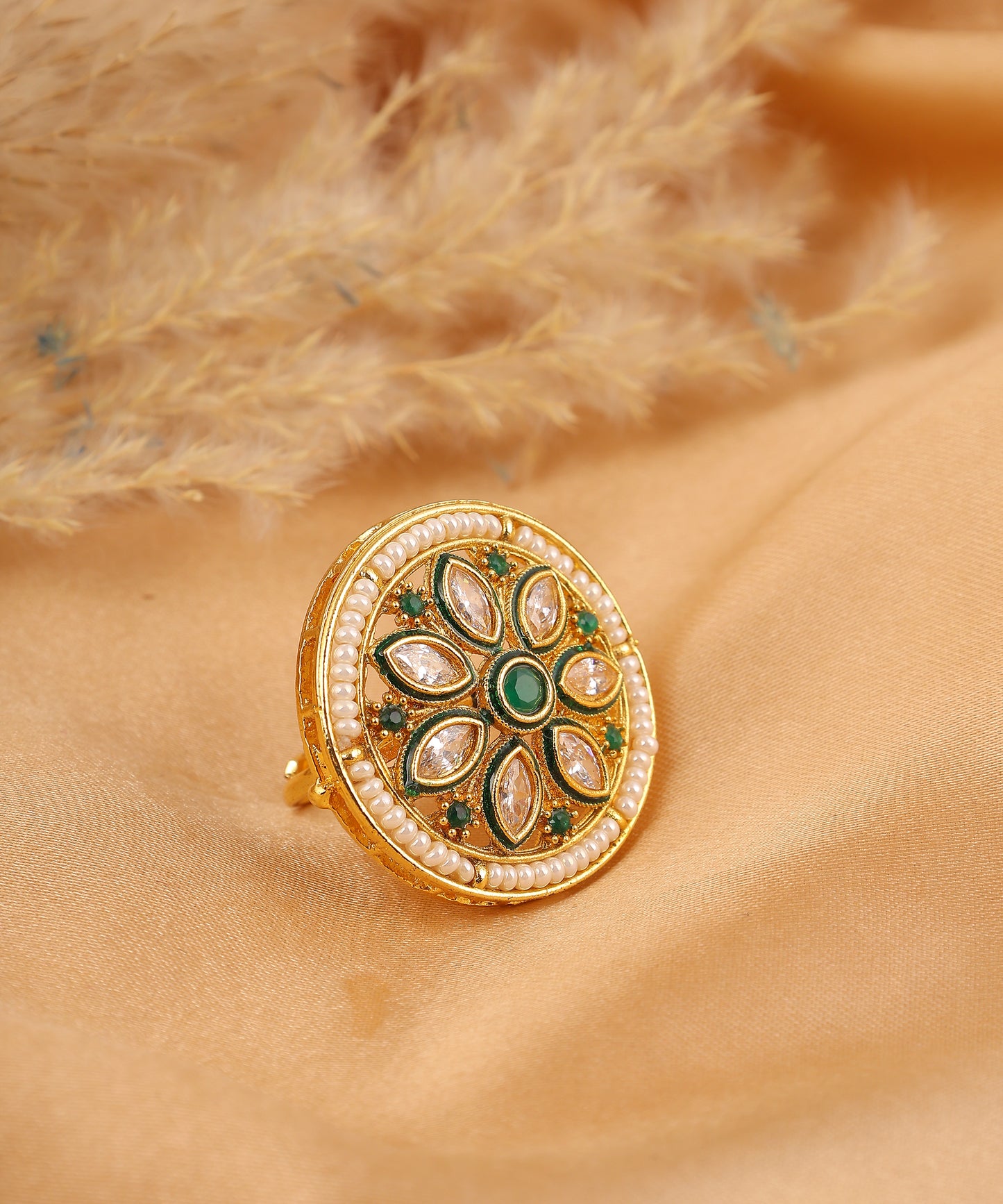 Kundan And Pearl Studded Circular Big Ring With Emerald Stone