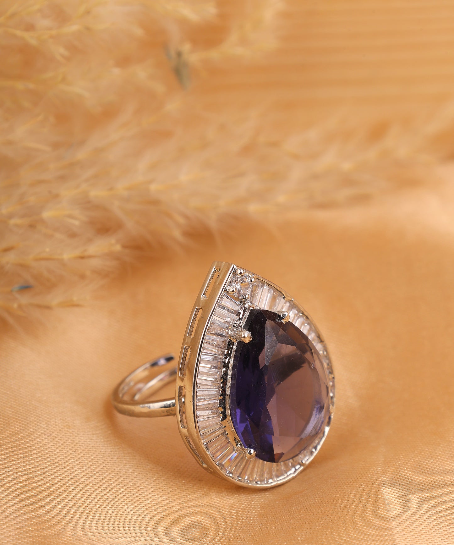 Sapphire And Crystal Studded Tear Drop Shaped Big Ring