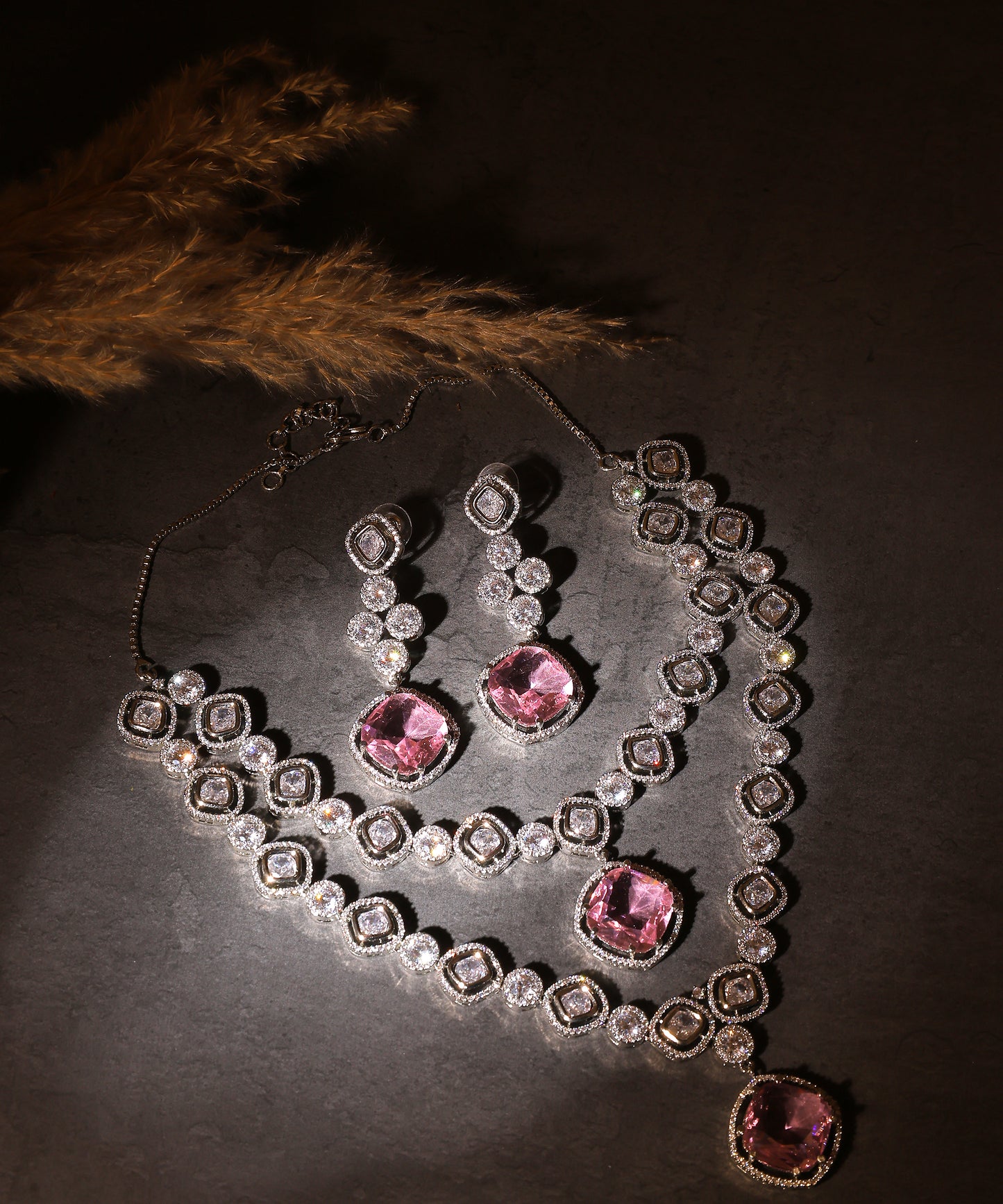 Angelina Necklace Featuring Crystals And Baby Pink Statement Stones