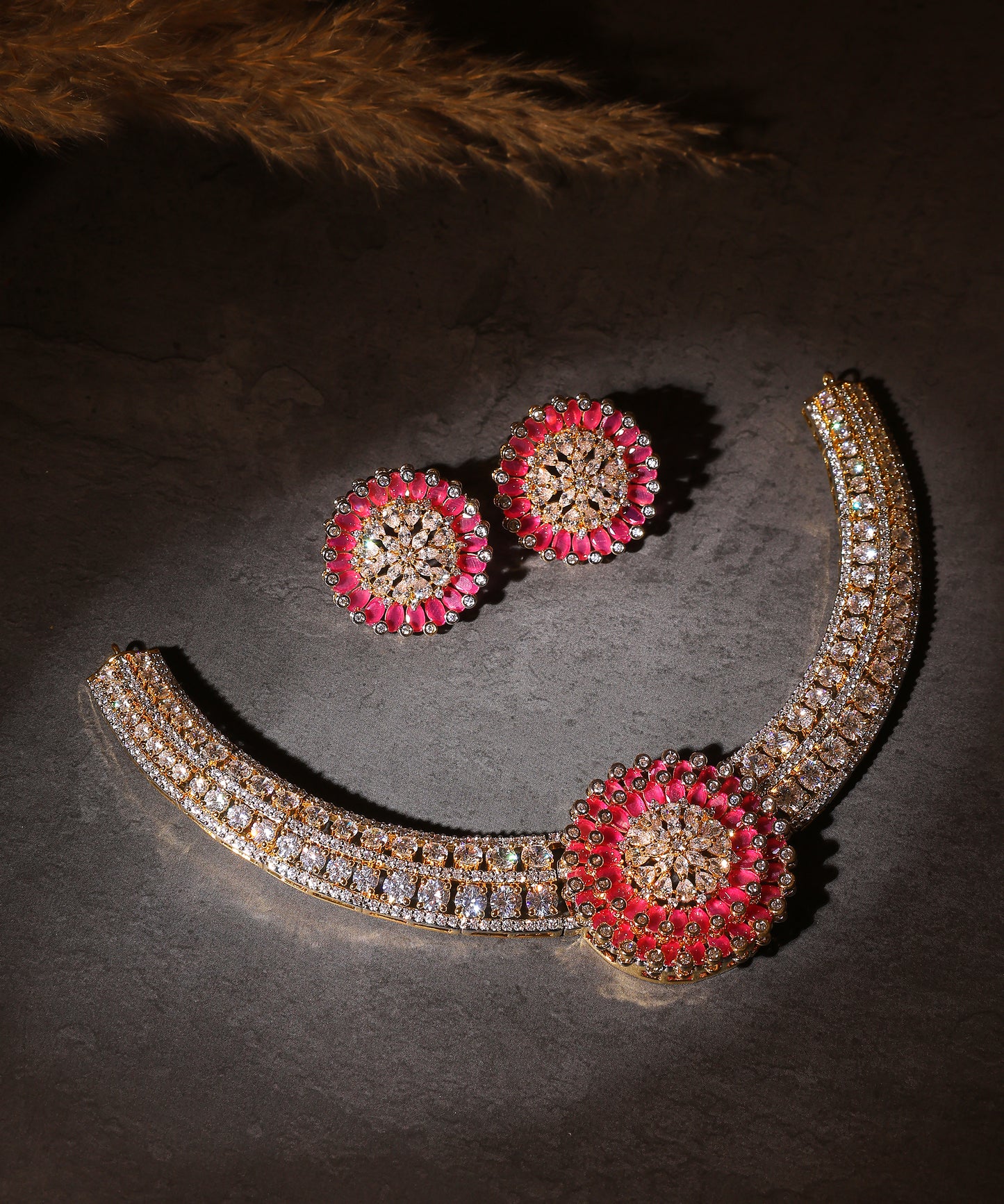 Gold Plated Crystal And Ruby Stones Studded Collar Artificial Diamond Necklace