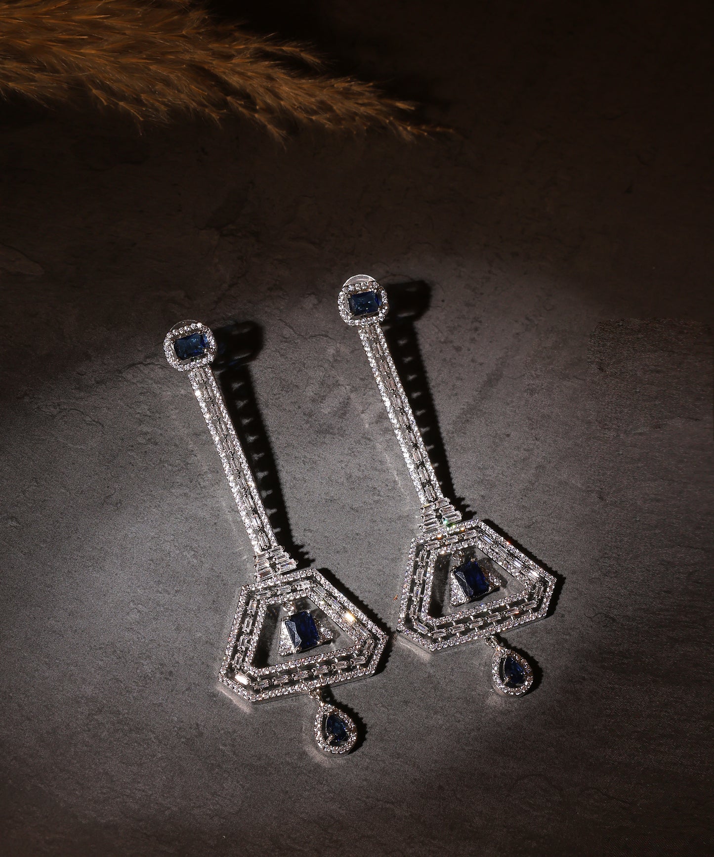 Long And Slender Sapphire And Crystal Studded Statement Earrings