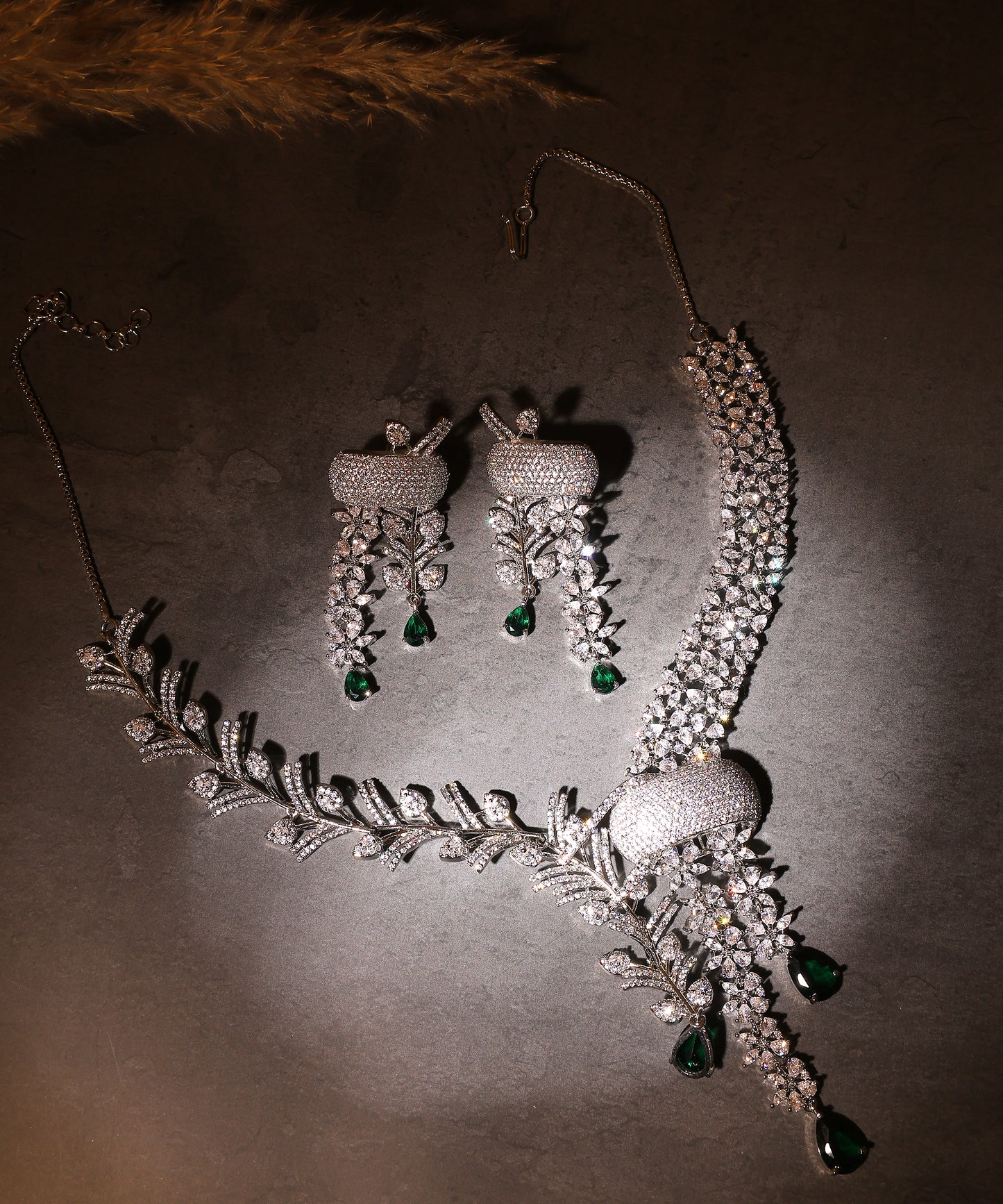 Ariana Necklace Featuring Dual Designer Chain With Statement Emerald Drops