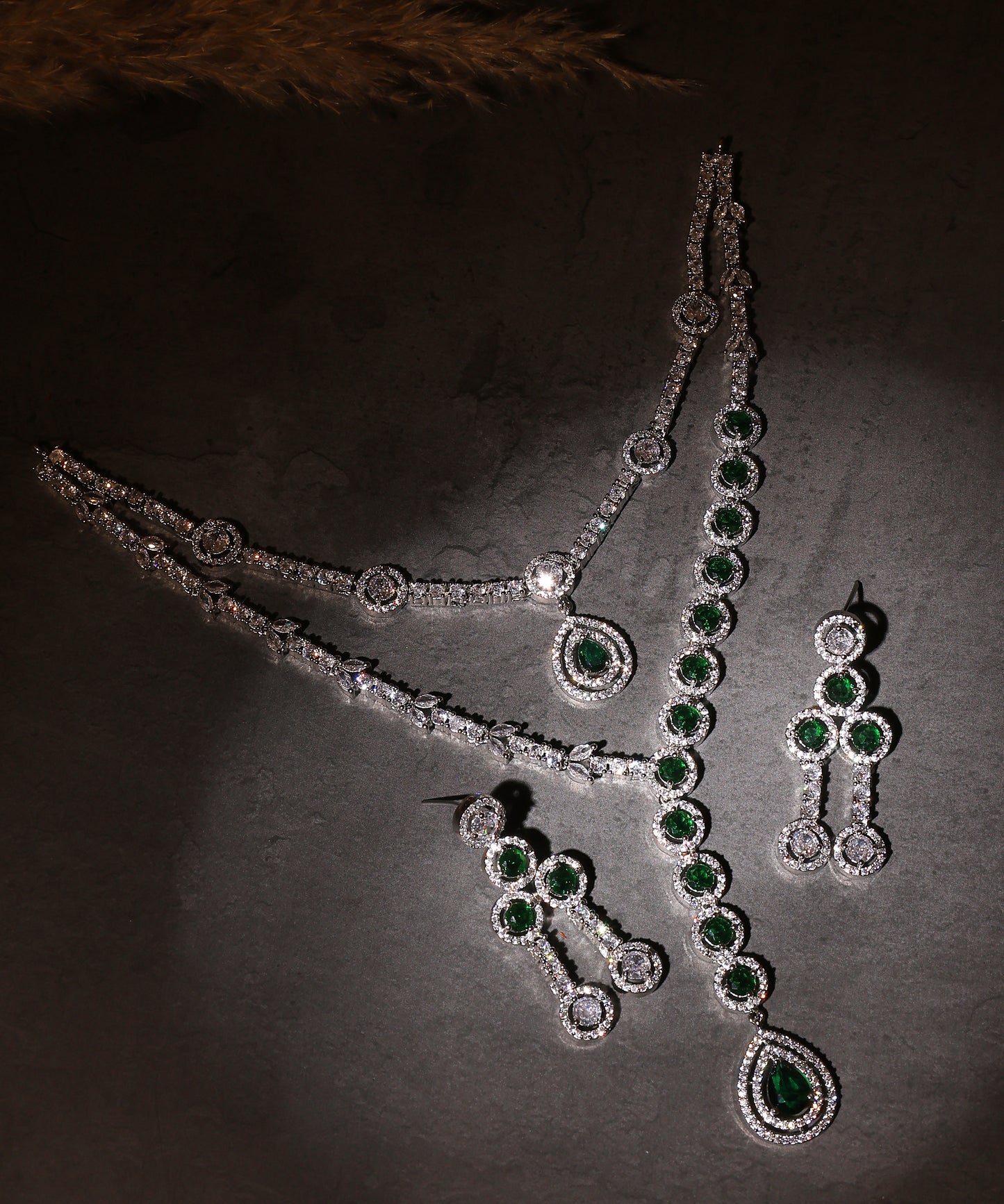 Double Layered Emerald Longline Artificial Diamond Necklace