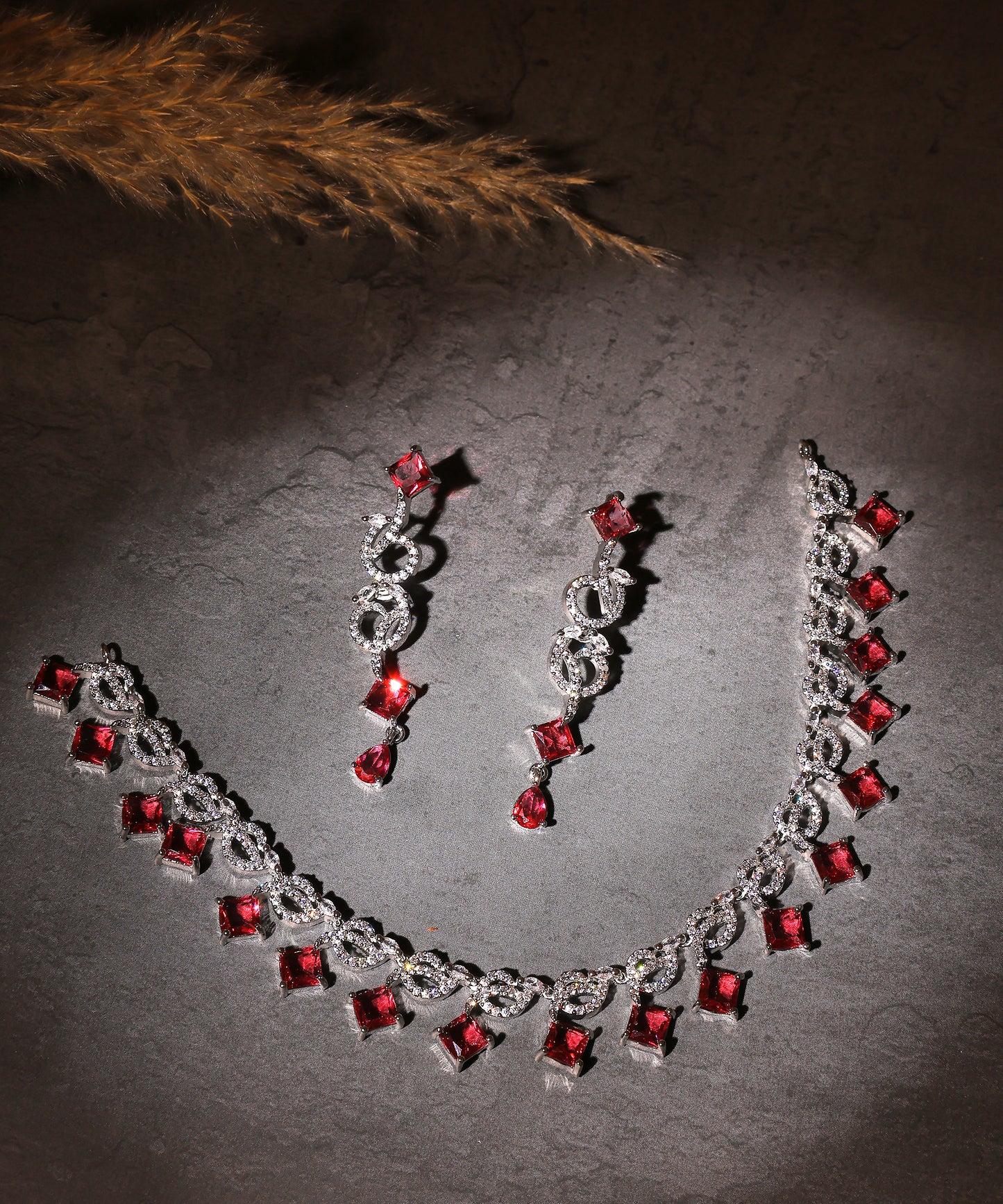 Square Ruby Crystal Drops Studded Artificial Diamond Necklace