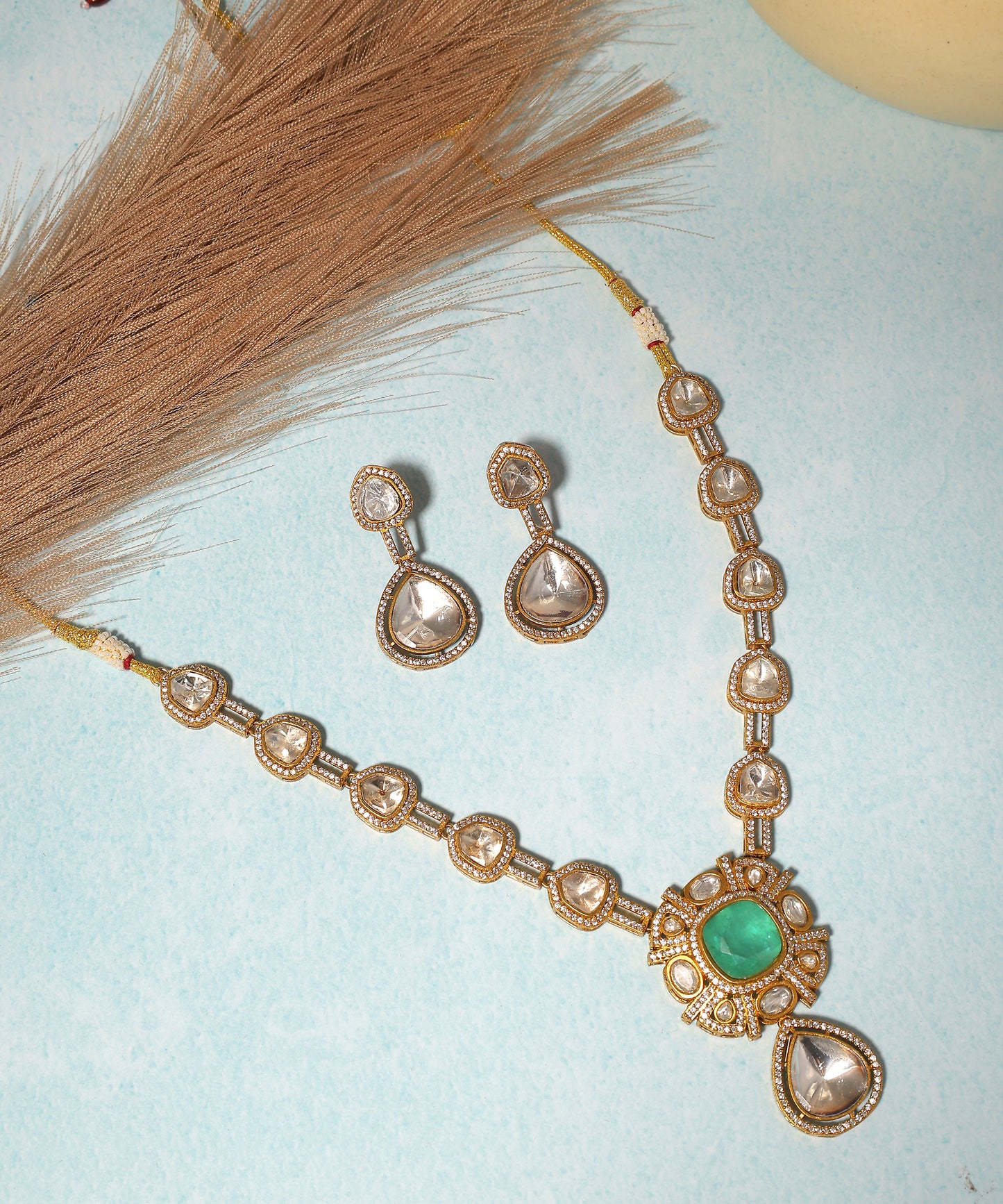 Polki Necklace With Statement Mint Green Stone