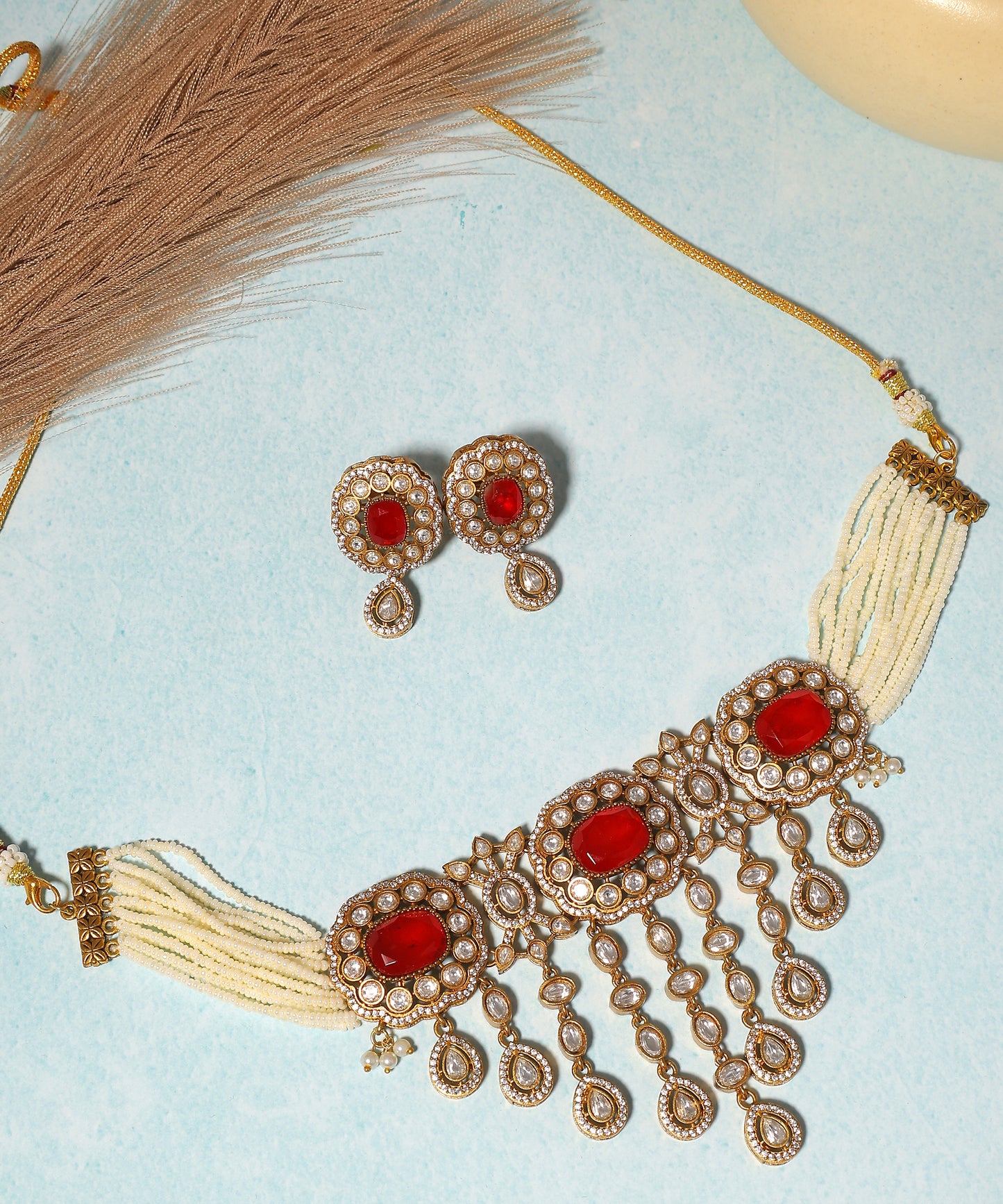 Jharna Necklace Featuring Polki Drops And Red Doublet Stone