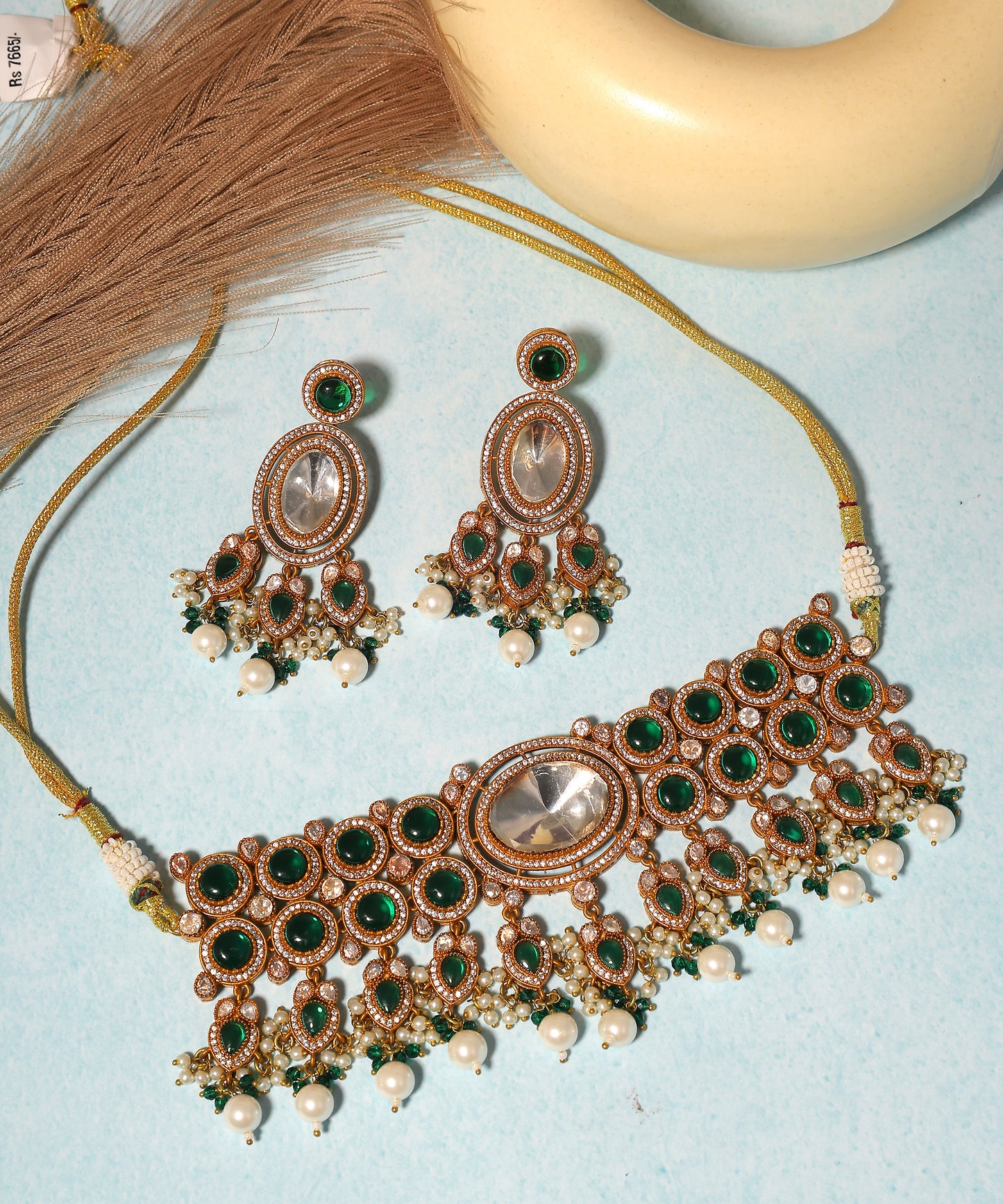 Sajdha Choker/Necklace Featuring Emerald Stones And Statement Polki