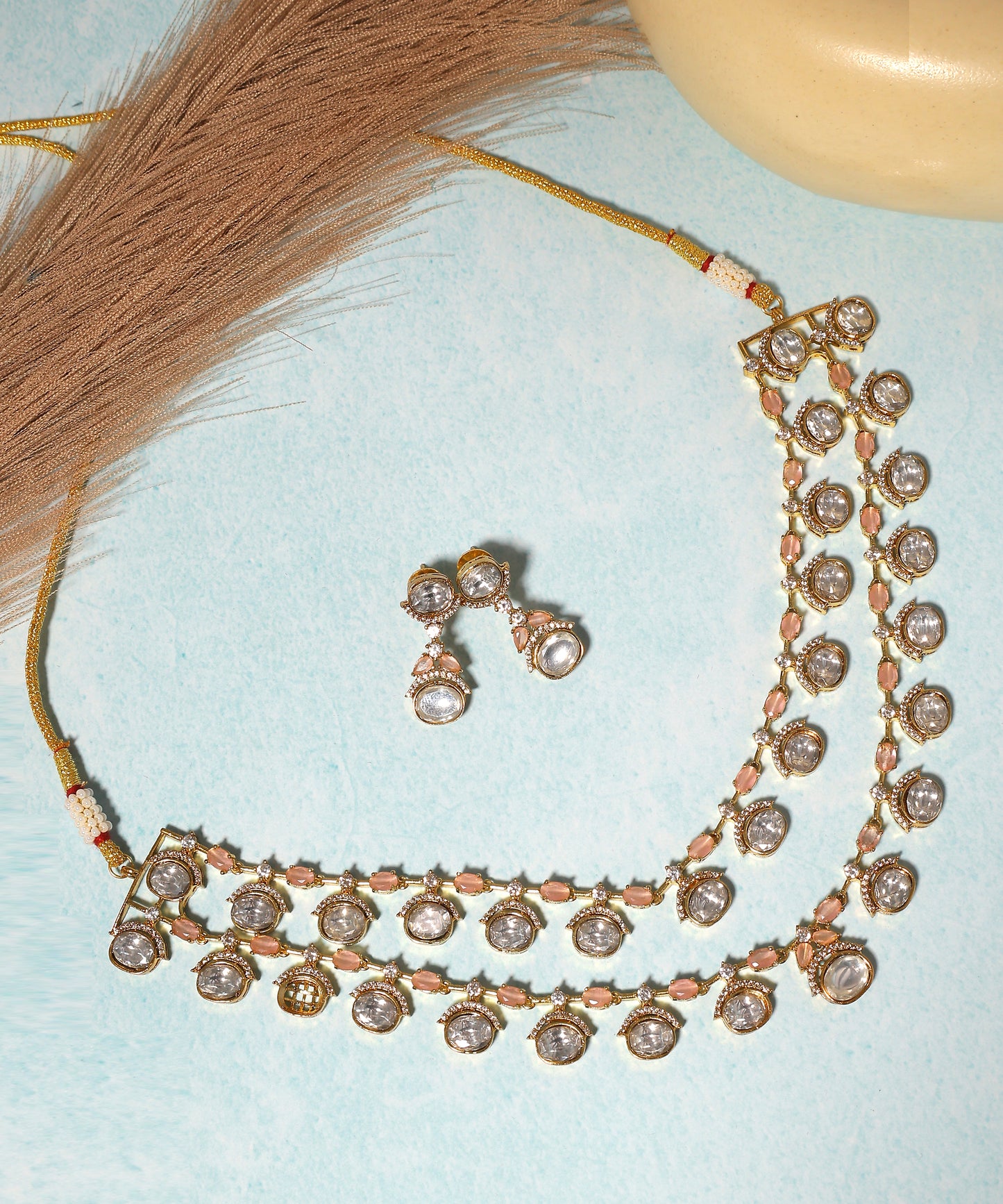 Double Layered Baby Pink Stone Studded And Polki Drops Necklace