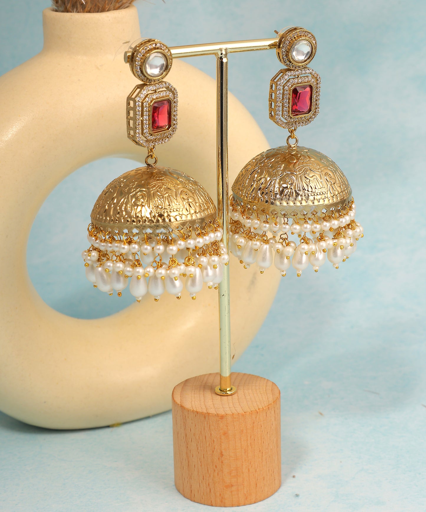 Gold Toned Big Jhumkas/Earrings With Ruby Stone