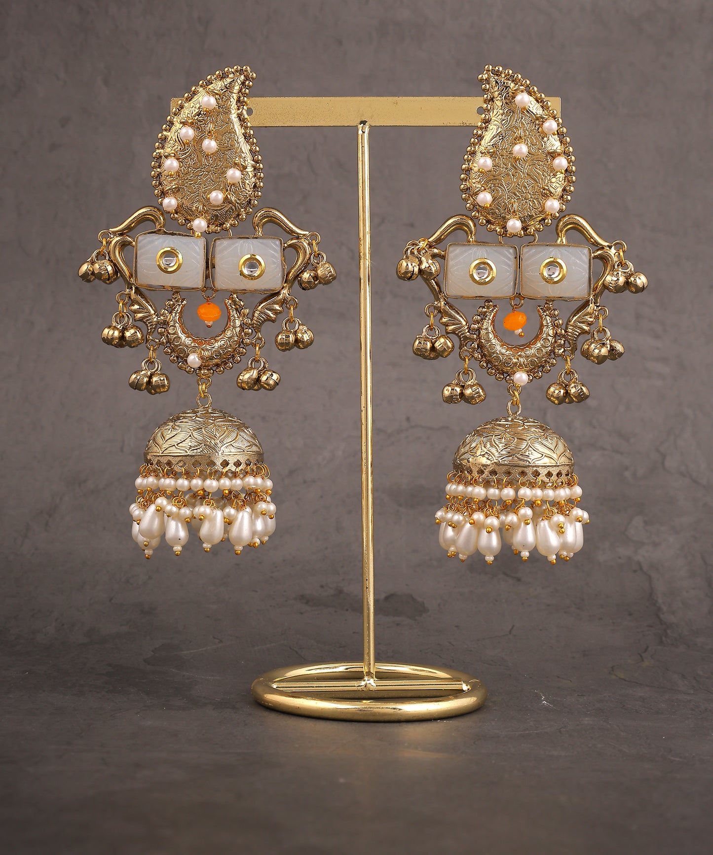 Antique Gold Pearl And Grey Long Jhumkas/Earrings