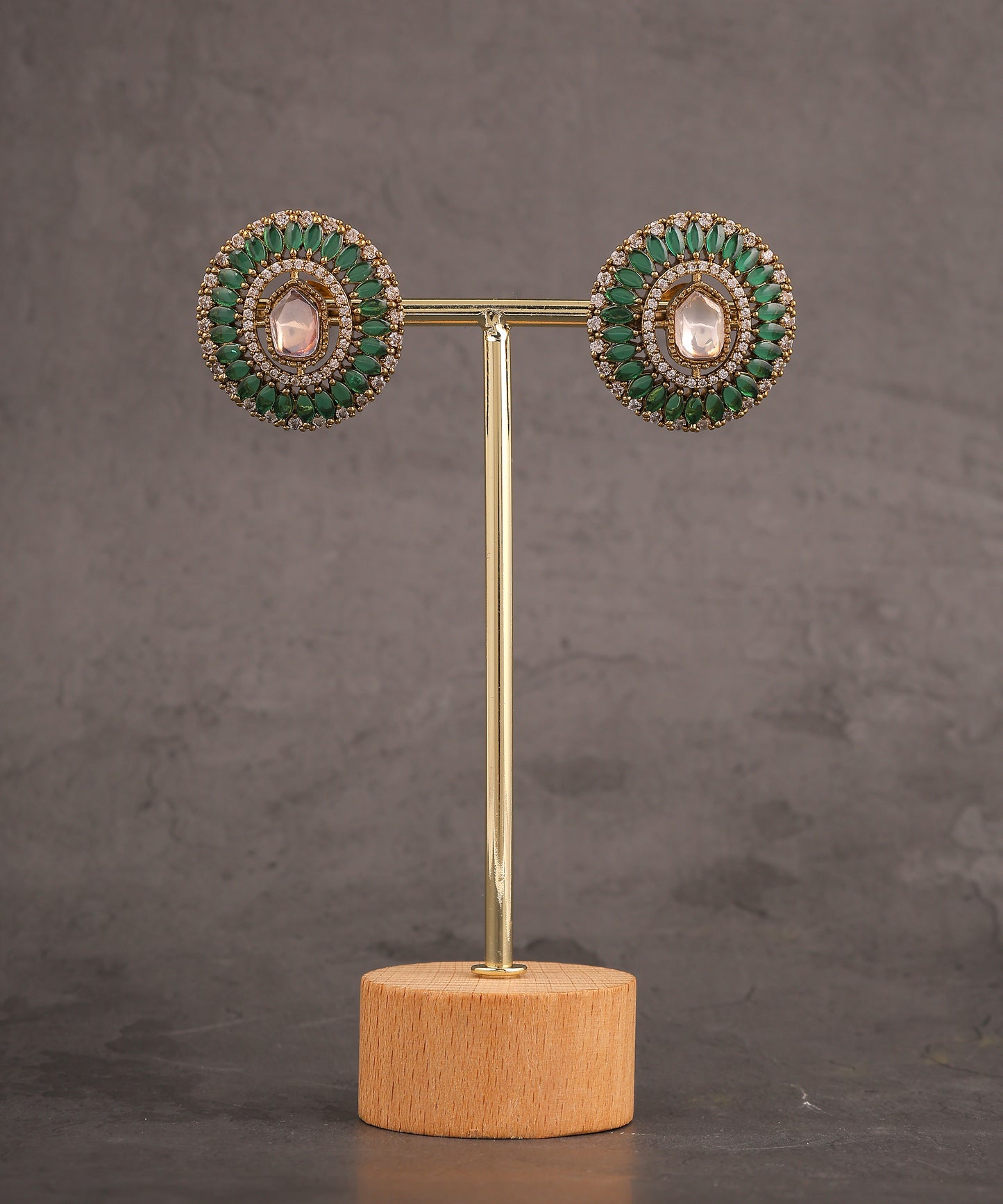 Emerald Green Polki Gold Toned Studs