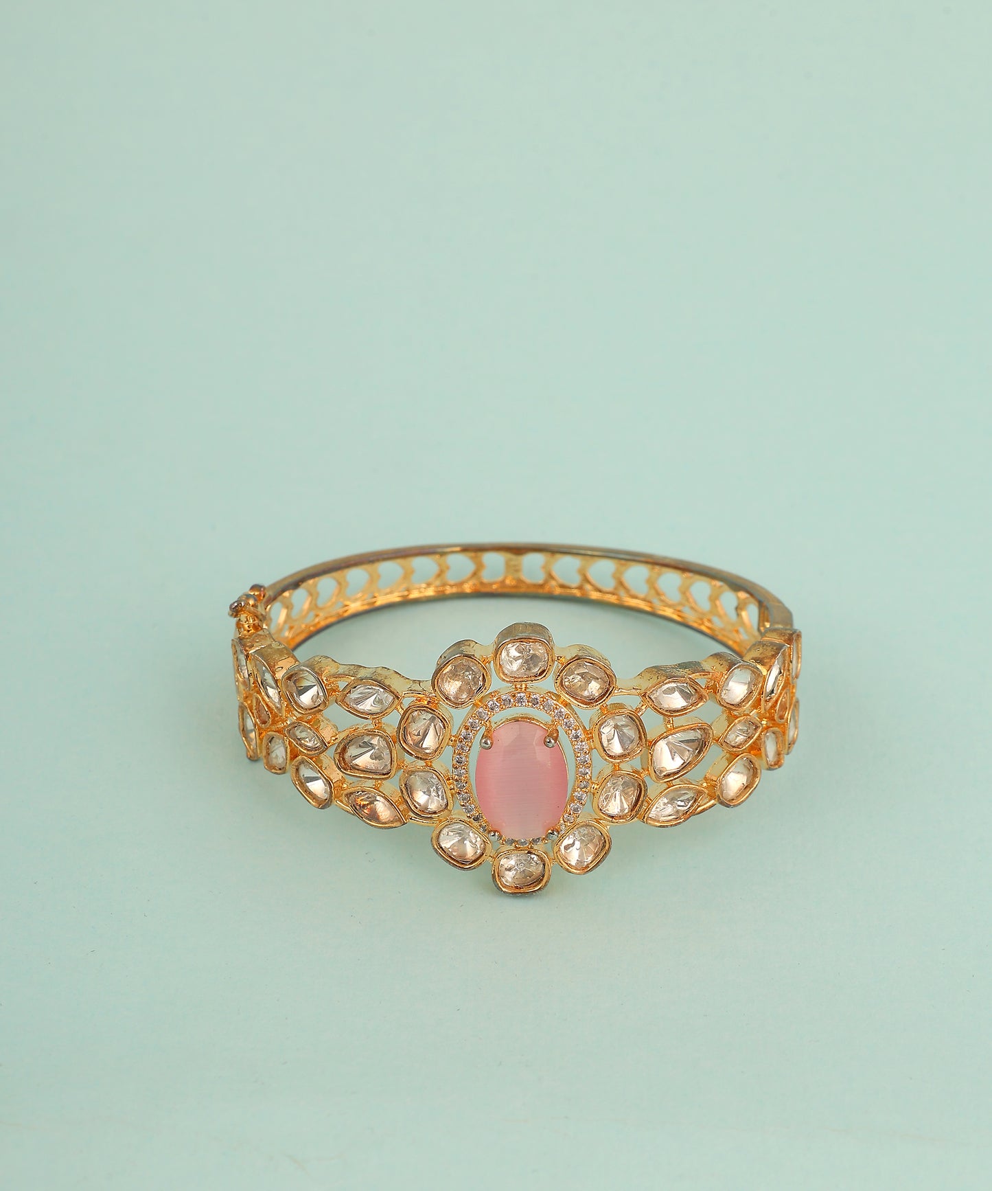 Floral Polki Bracelet With Baby Pink Stone