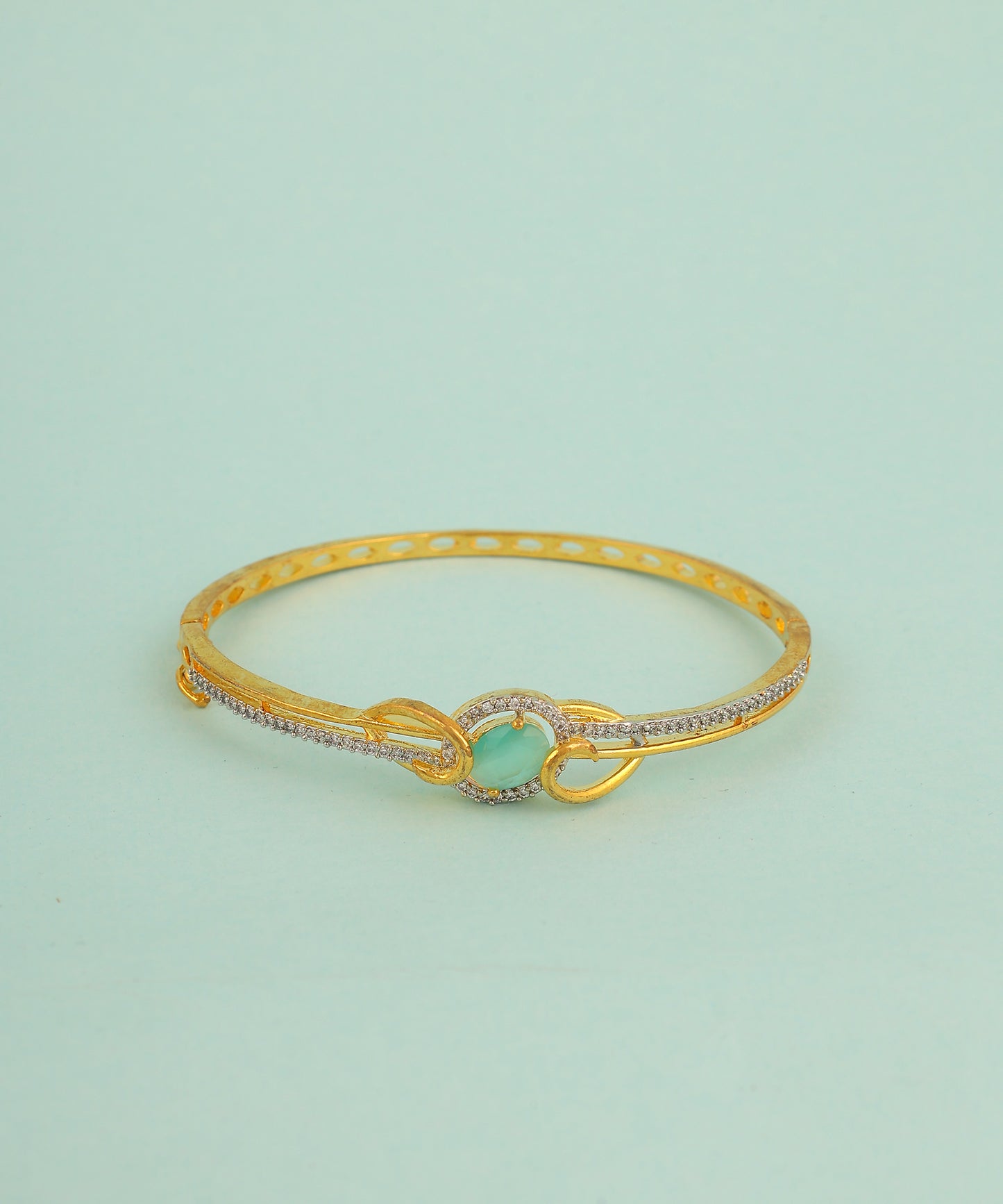 Sea Green Stone And Rhinestone Gold Sleek Bracelet