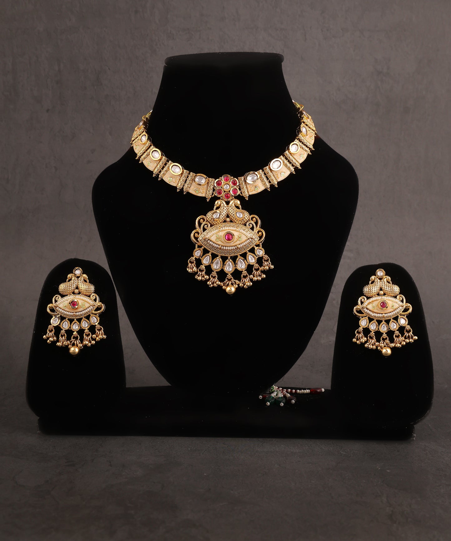 Vedhika Temple Necklace Set Featuring Polki And Pink Stones