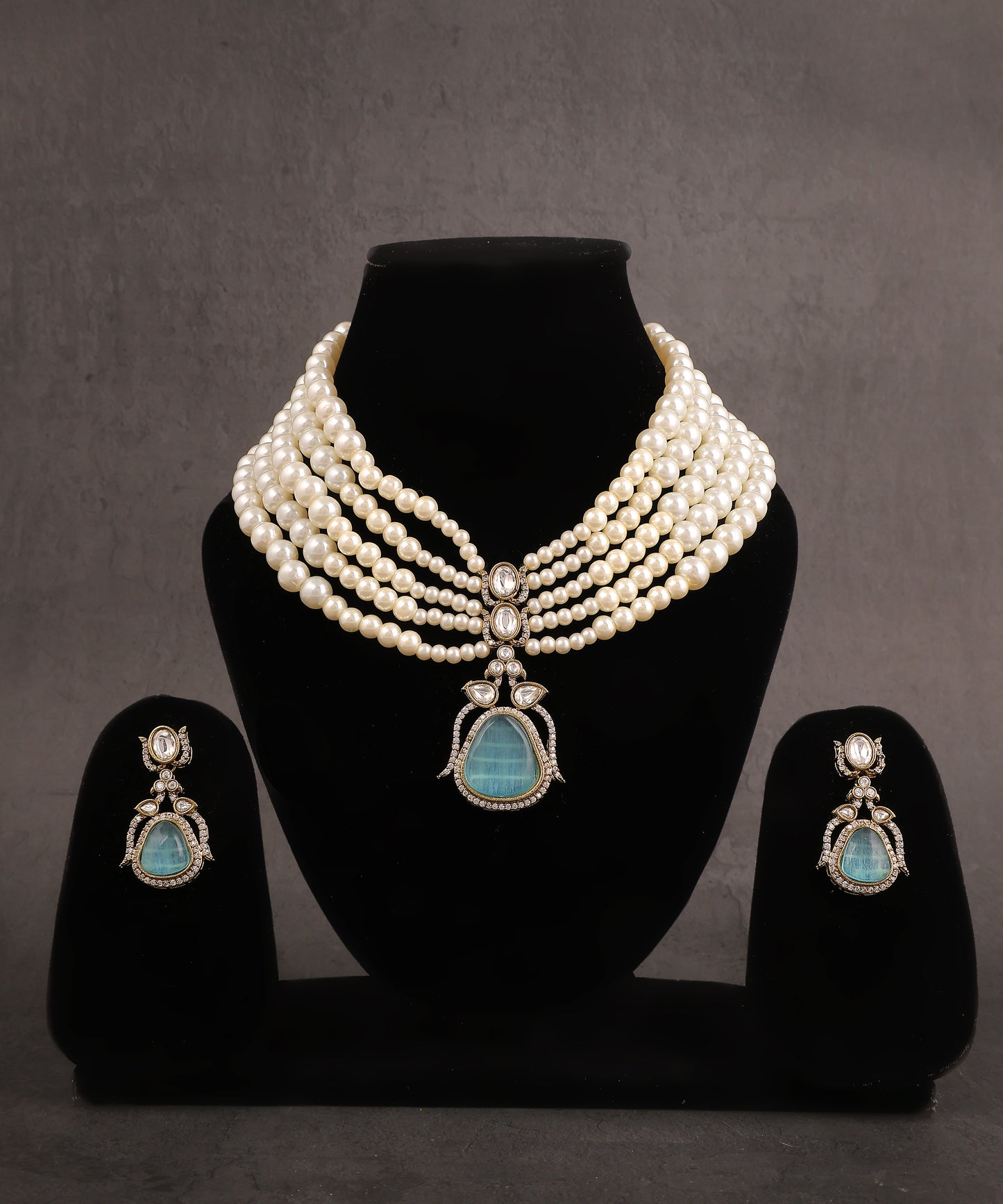 Teal Blue Layered Pearl Choker With Polki Statement Drop