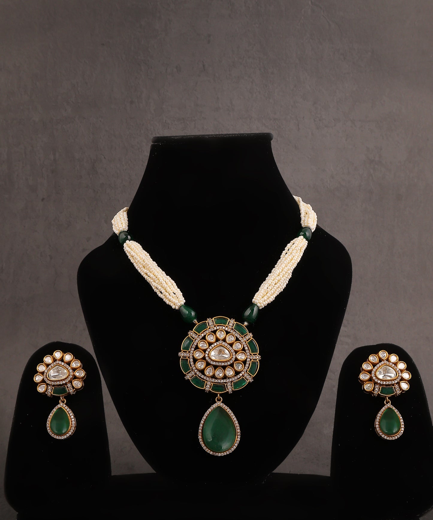 Polki And Emerald Drop Pendant Long Necklace