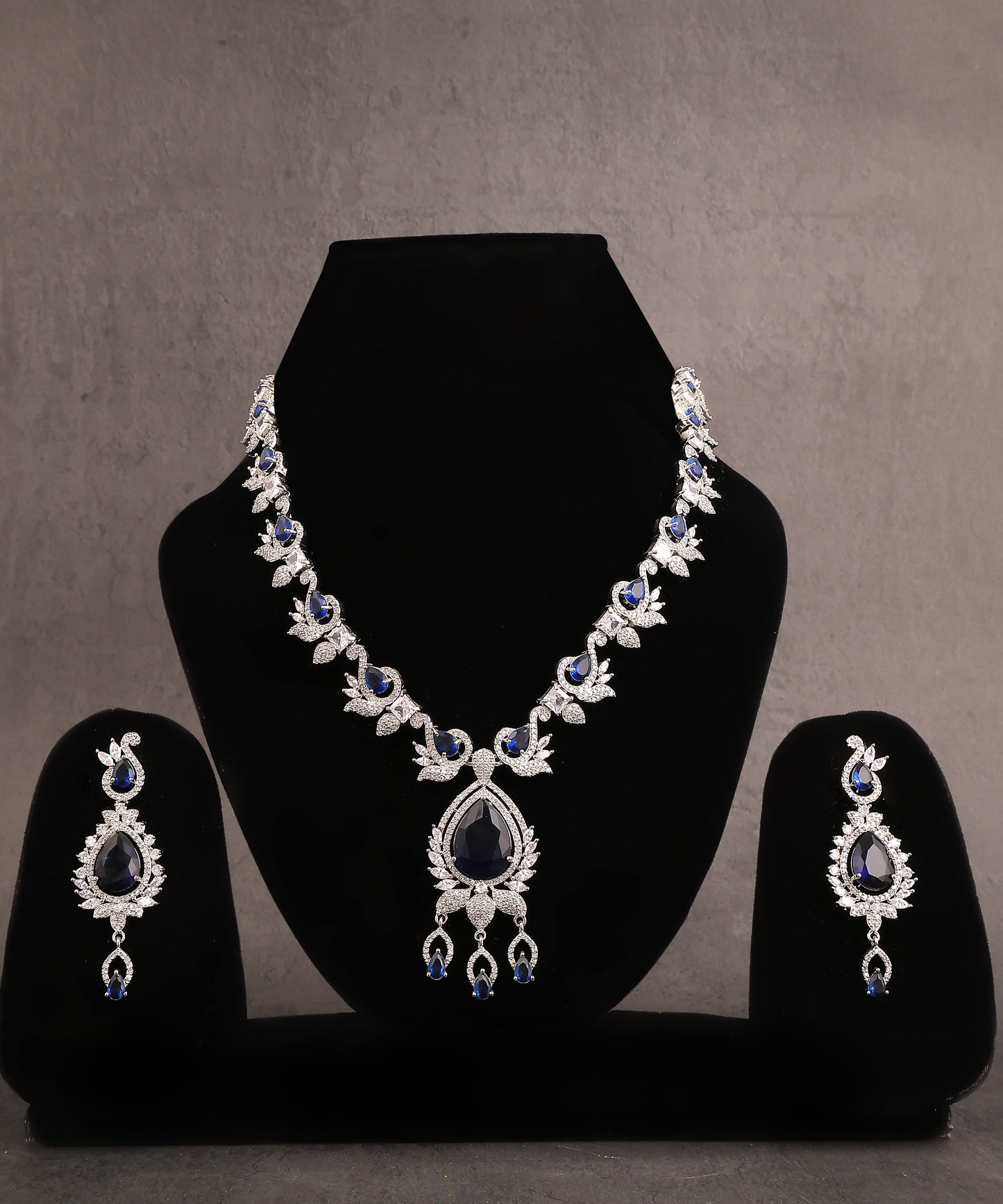 Designer Long Sapphire And Crystal Studded Artificial Diamond Necklace