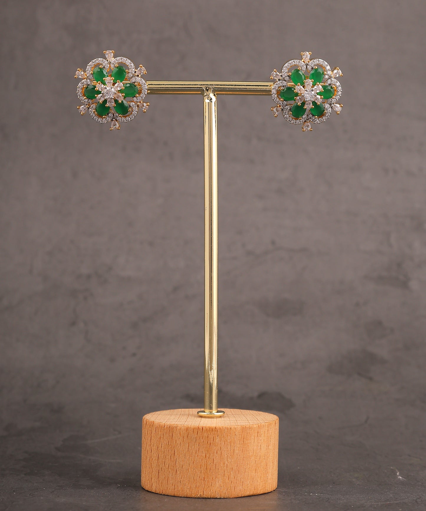 Floral Emerald And Crystal Studded Gold Toned Earrings