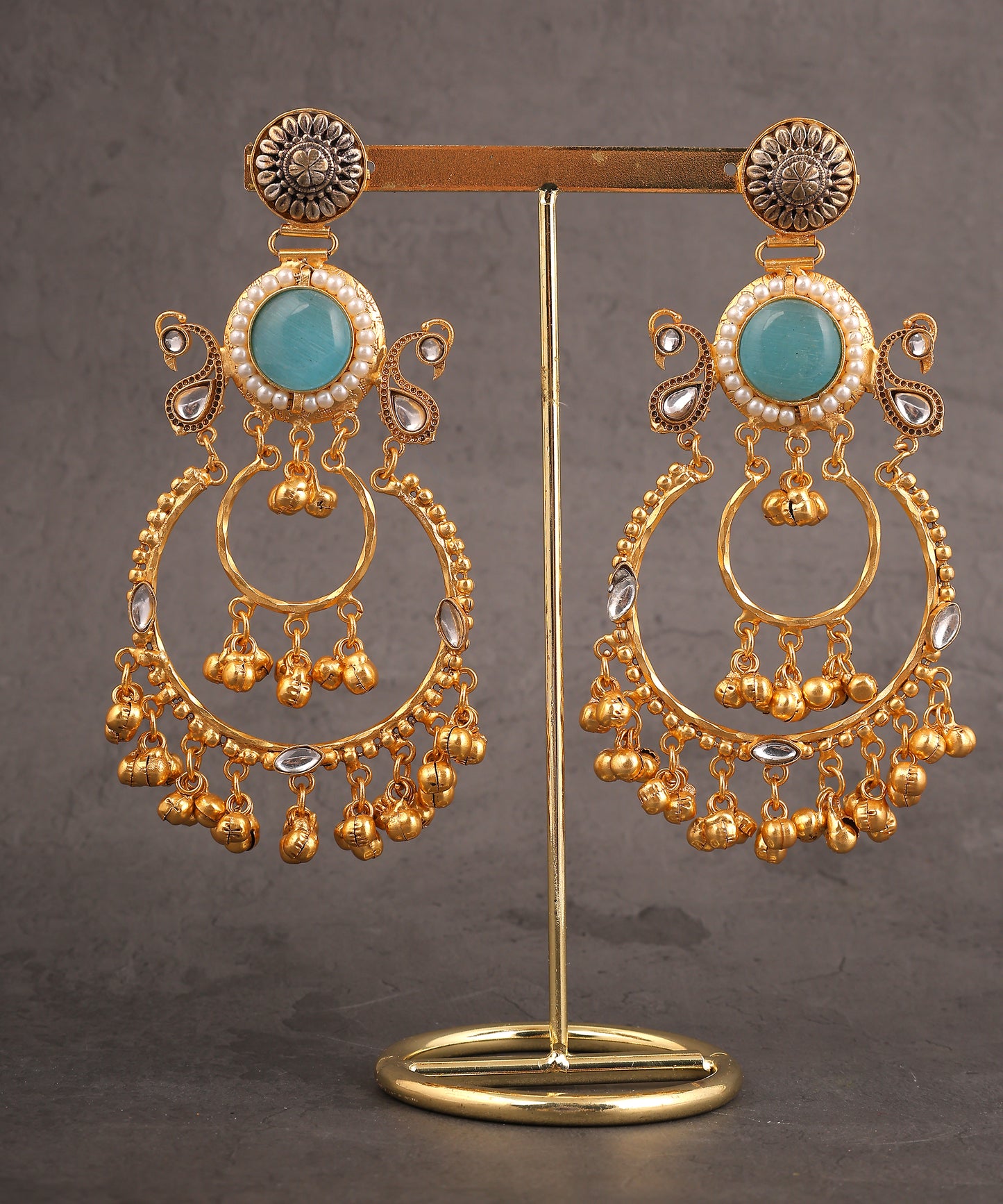 Teal Stone And Gold Plated Chandbalis/Earrings