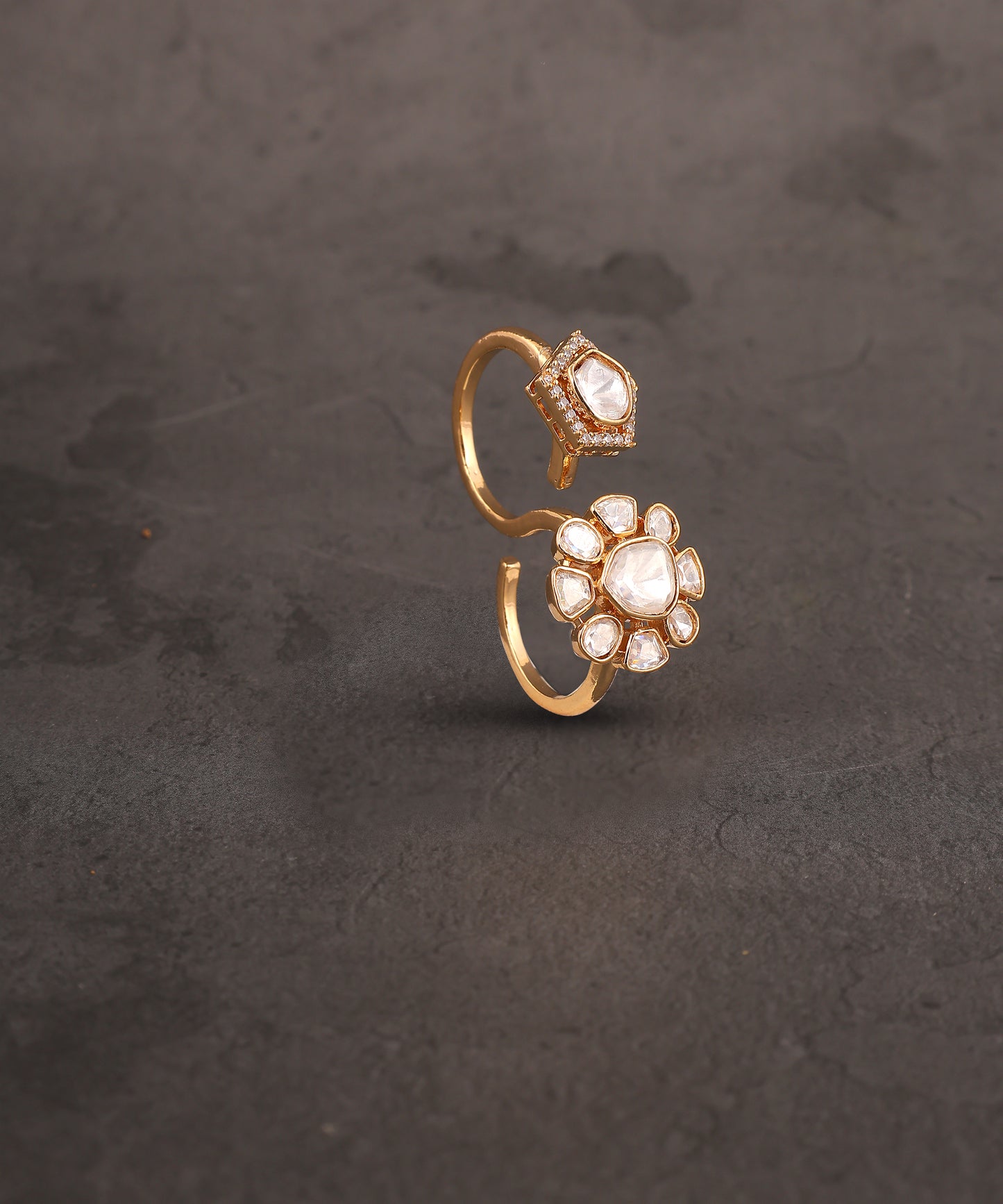 Floral Polki Double Finger Ring