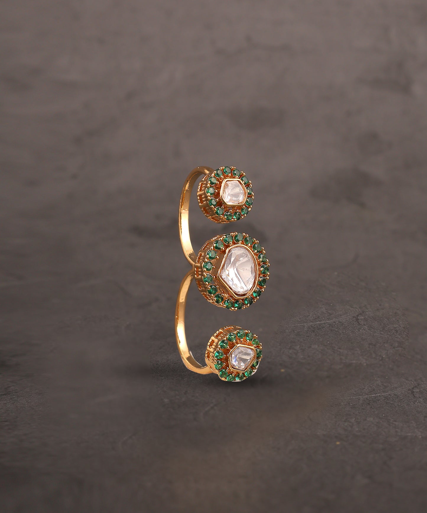 Polki And Green Stone Studded Double Finger Ring