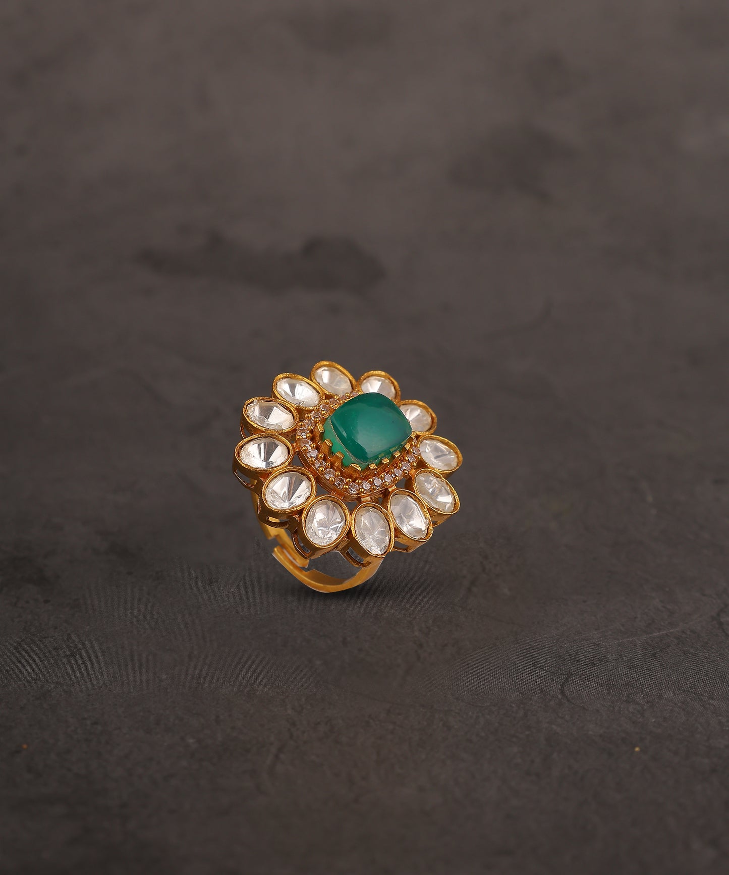 Polki And Emerald Studded Floral Ring