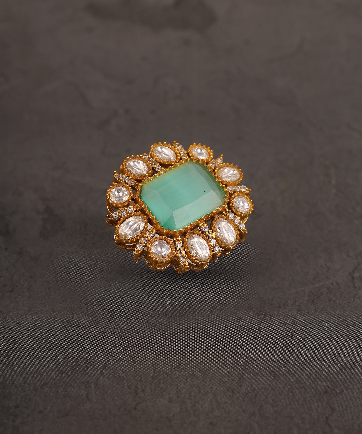 Polki And Mint Green Hydro Stone Studded Ring