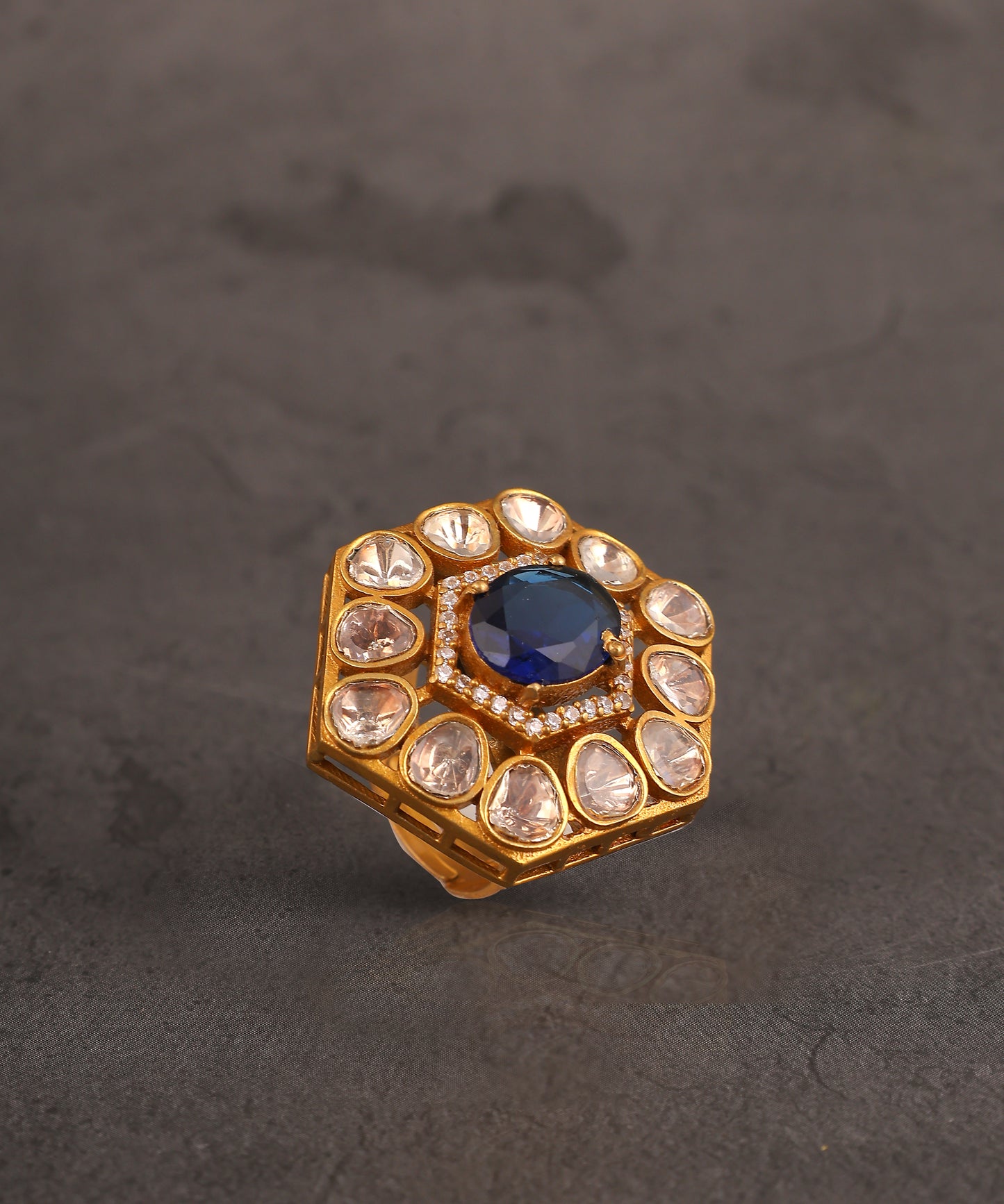 Hexagonal Blue Hydro Stone Studded Polki Ring