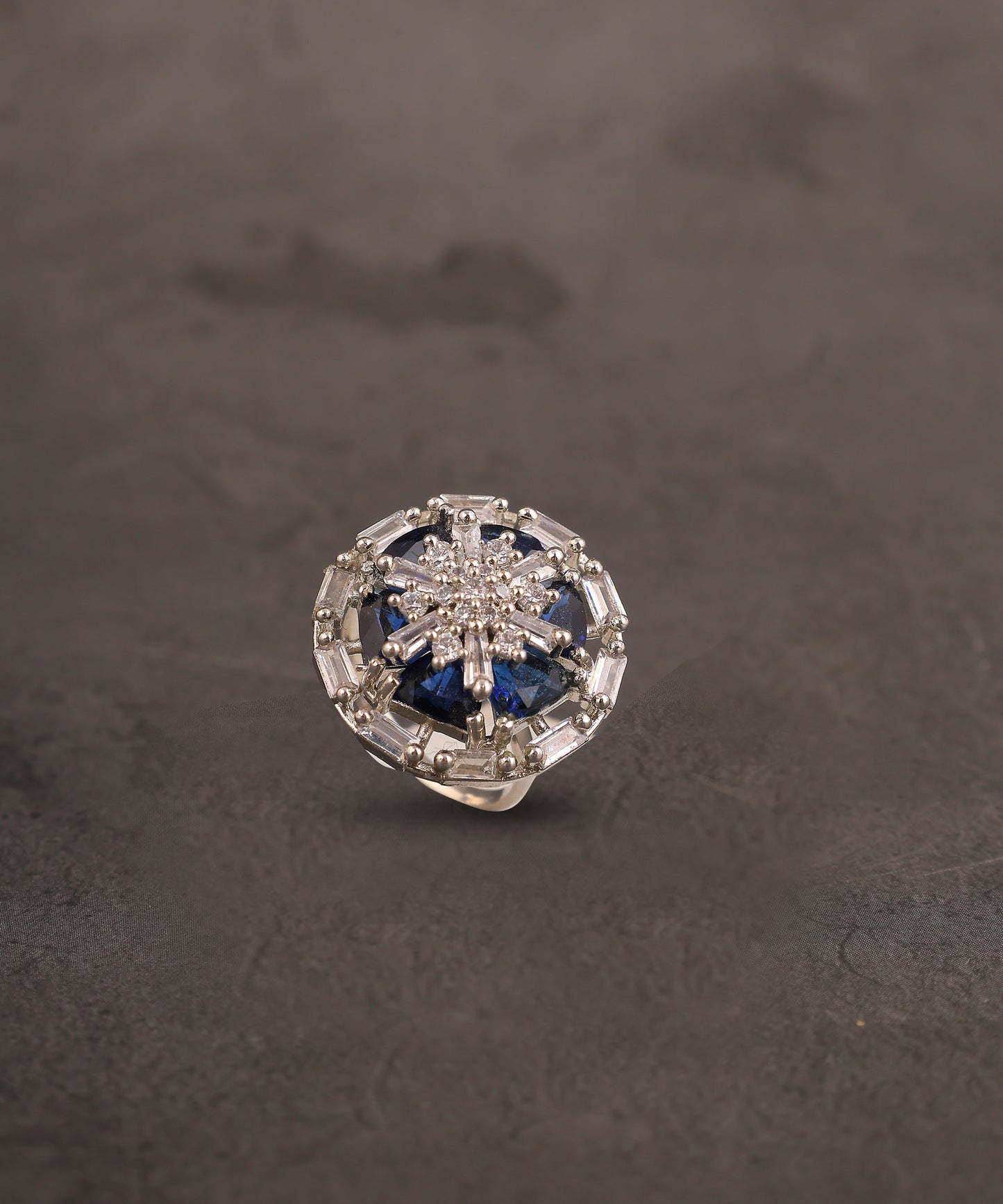 Saphhire And Crystal Studded Floral Ring