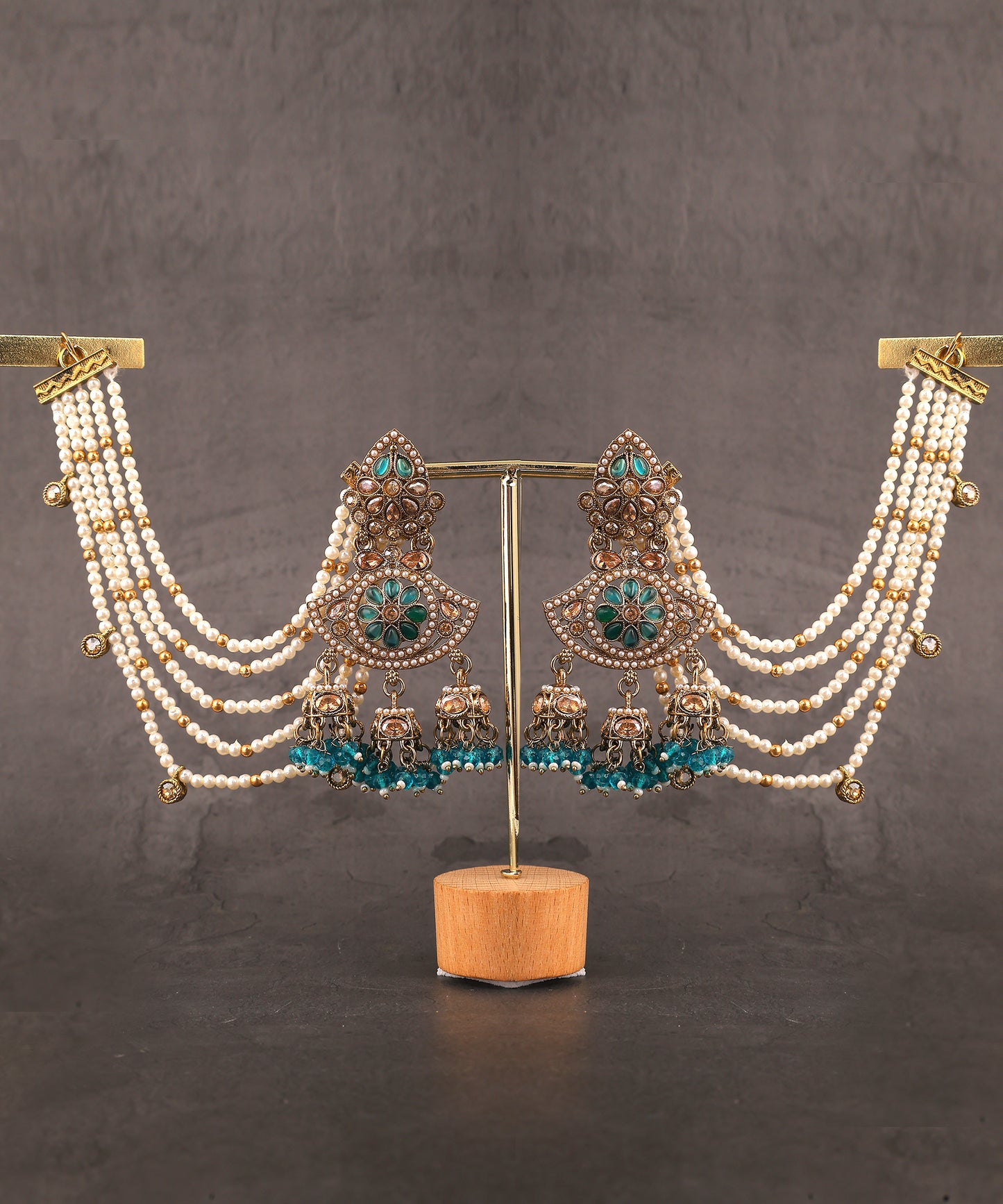 Green Kundan Chandbalis With Pearl Earchains/Earrings