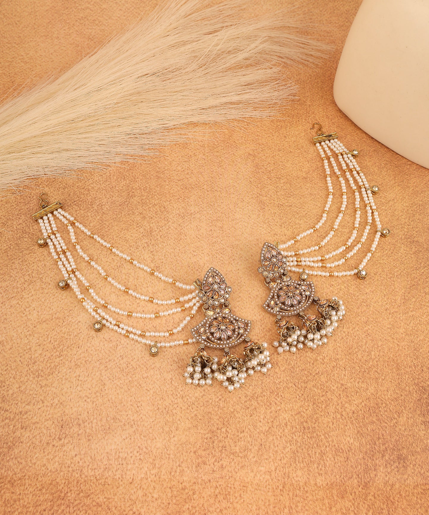 Gold Kundan Chandbalis With Pearl Earchains/Earrings