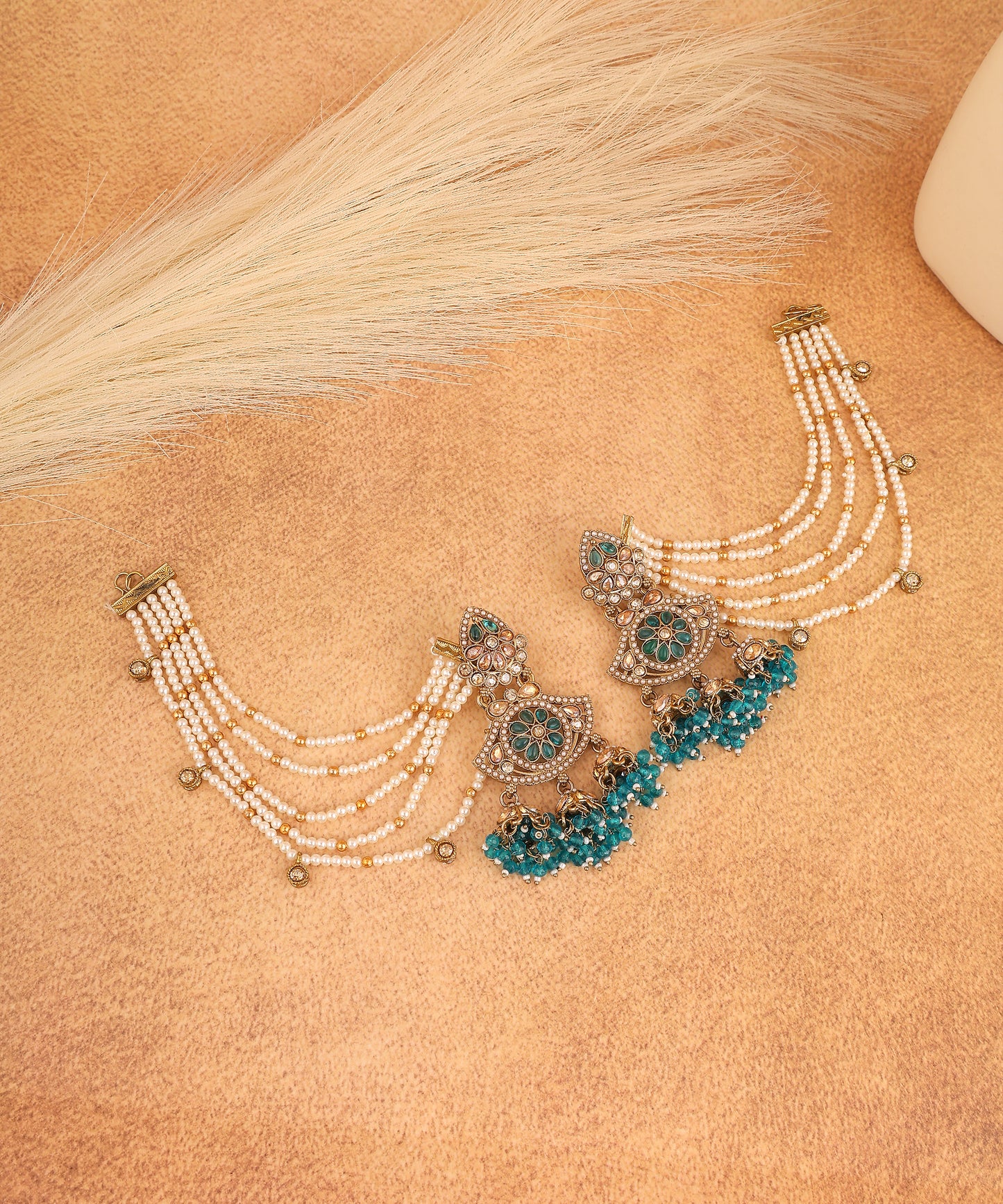 Green Kundan Chandbalis With Pearl Earchains/Earrings