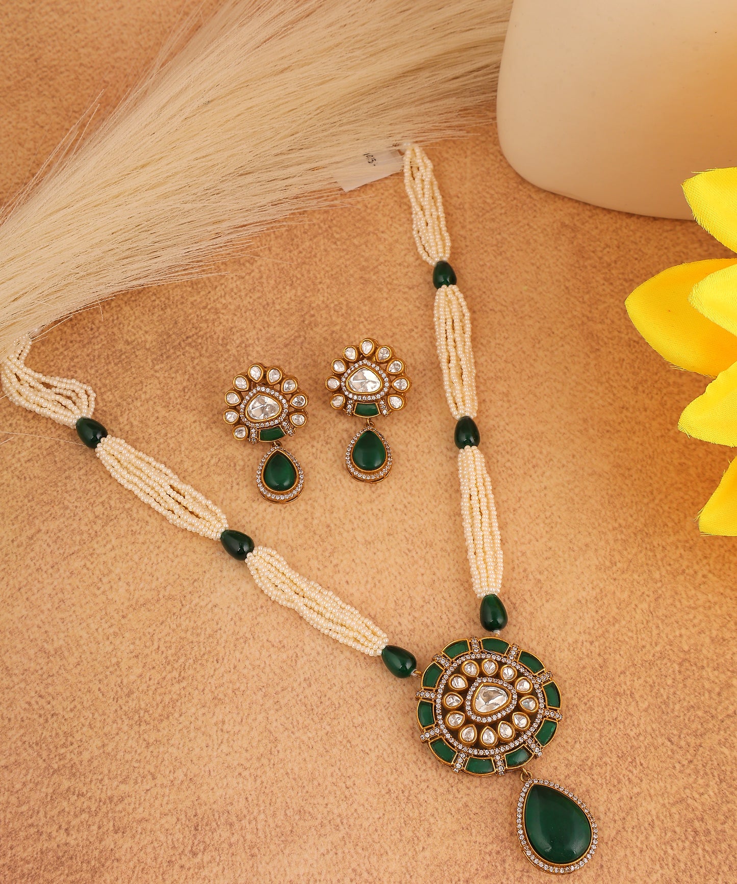 Polki And Emerald Drop Pendant Long Necklace