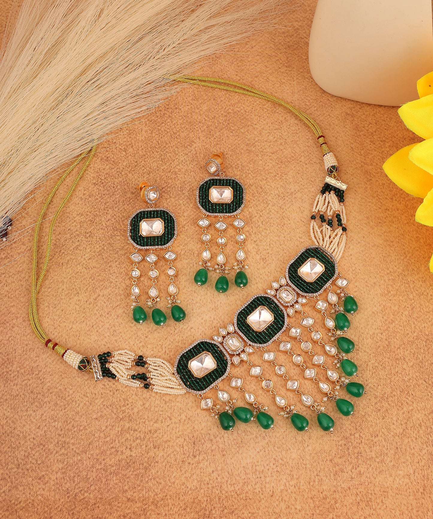 Jharokha Necklace Featuring Polki Stones, Emerald Beads And Pearls