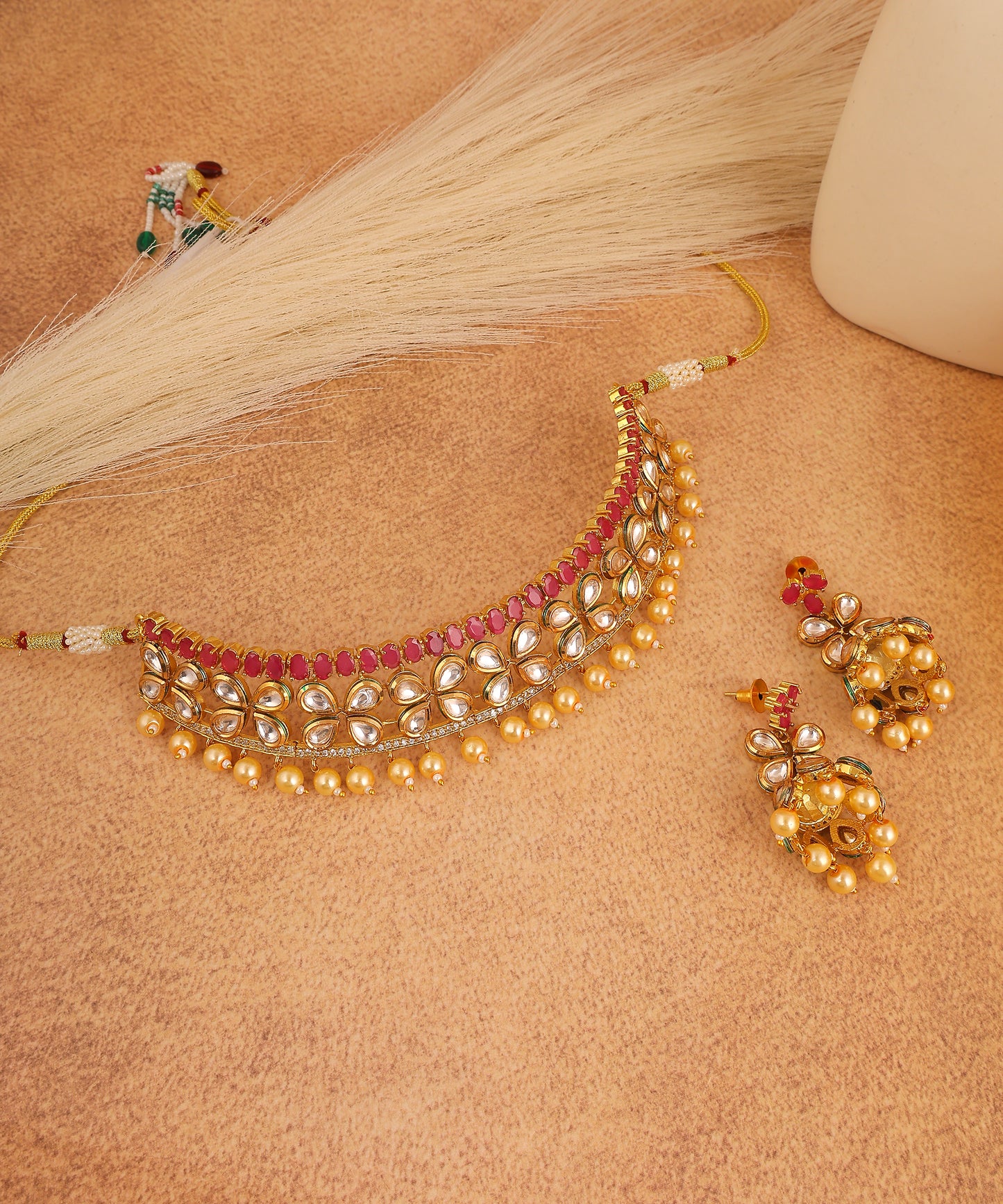 Kundan And Pearl Necklace With Magenta Stones