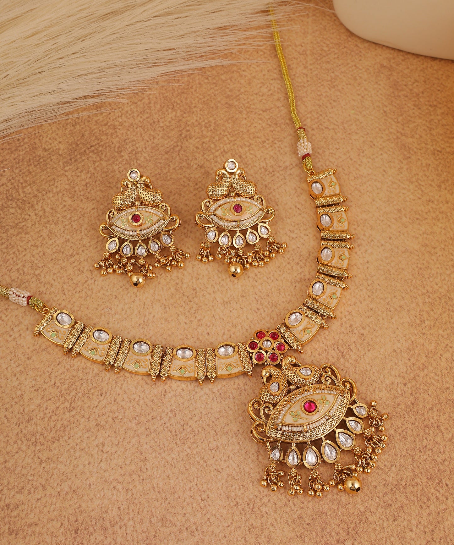 Vedhika Temple Necklace Set Featuring Polki And Pink Stones