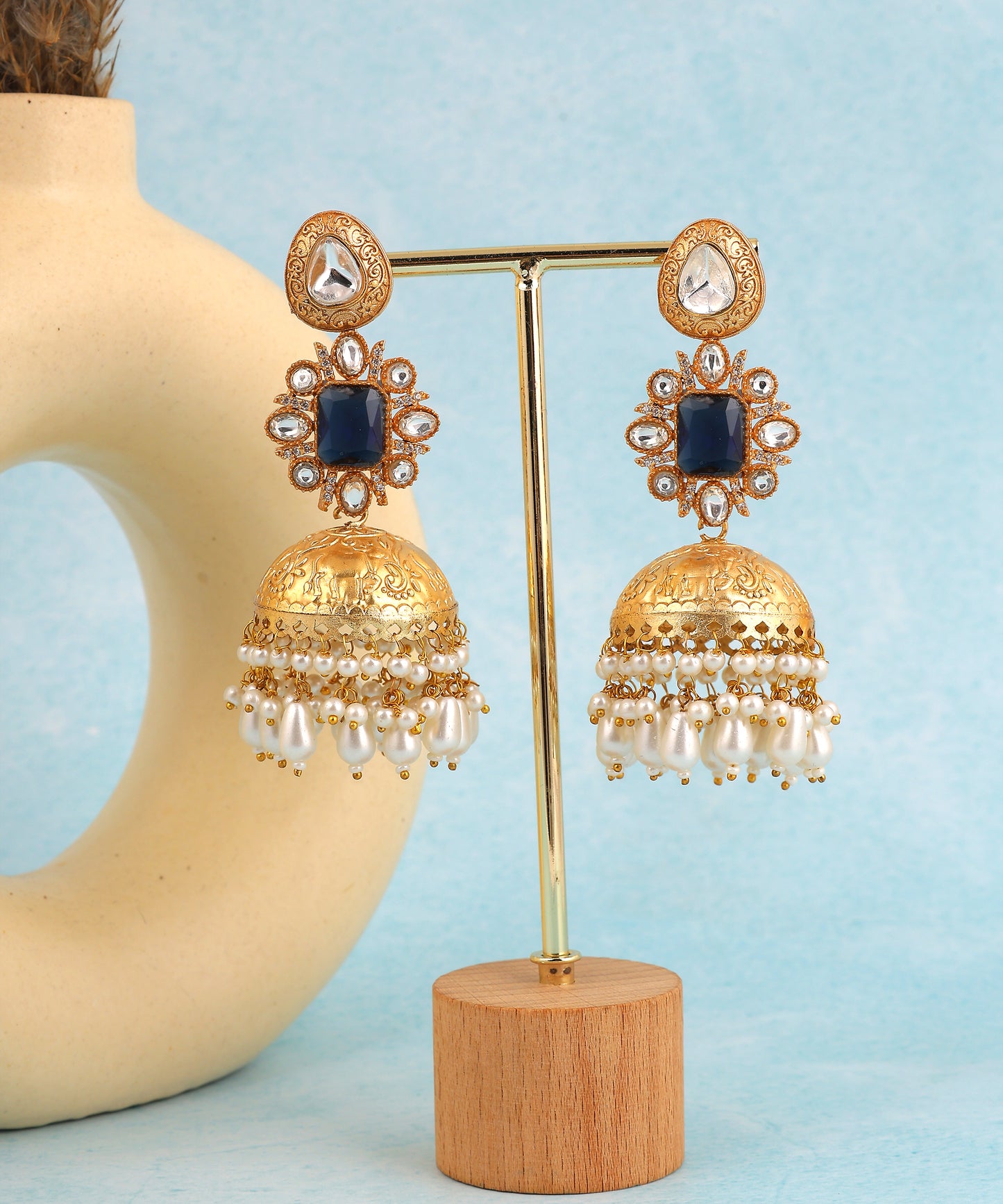 Blue Gold Plated Polki And Pearl Drops Jhumkas/Earrings