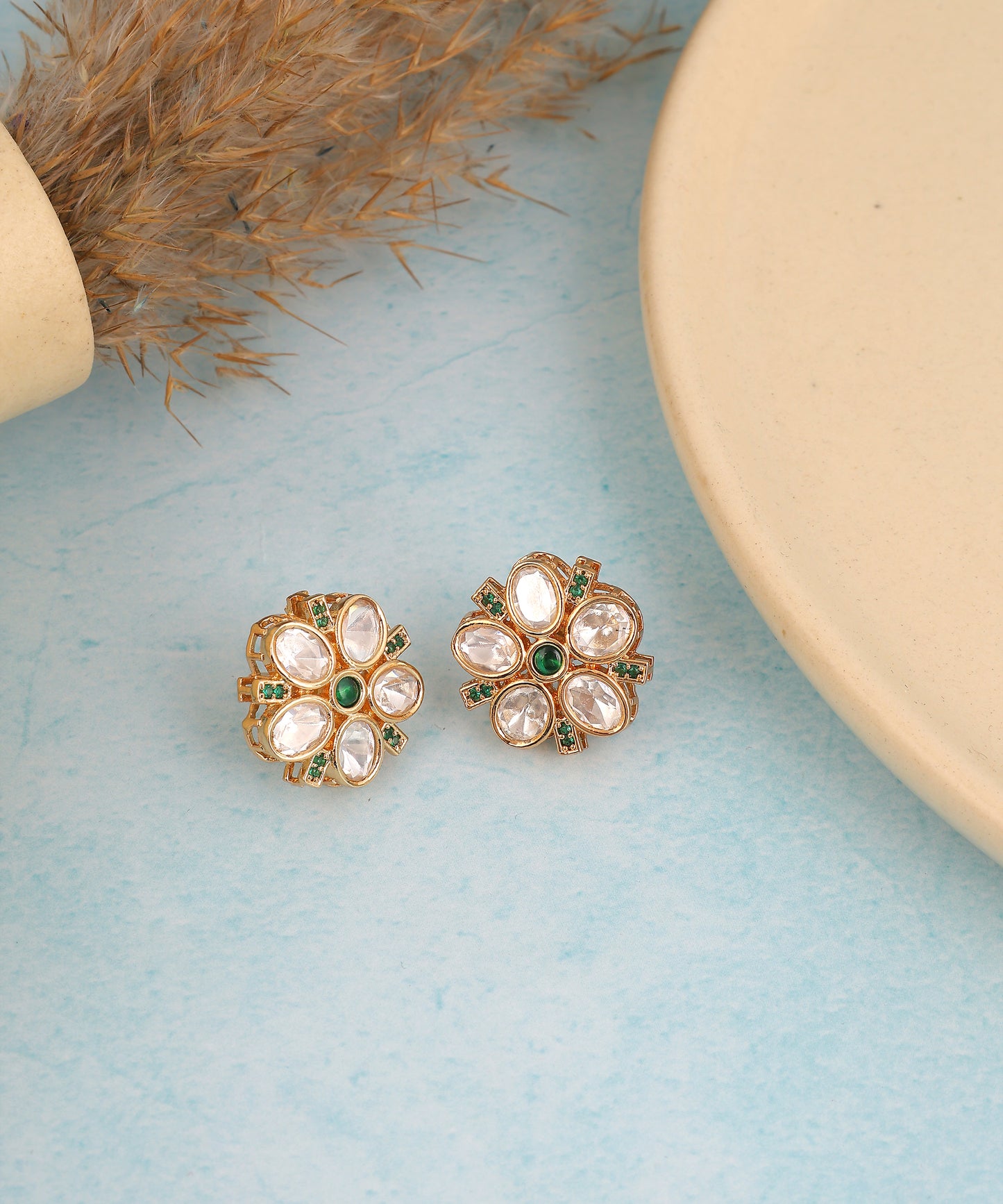 Floral Polki And Green Stone Studs/Earrings