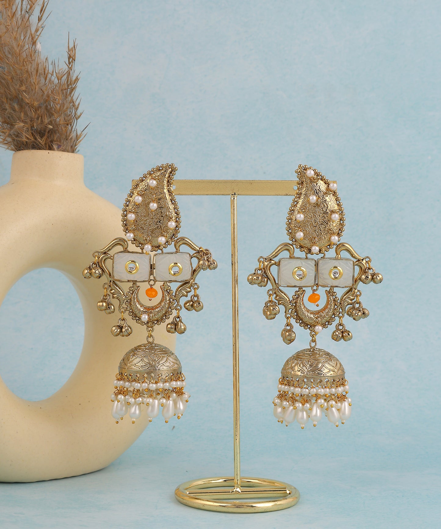 Antique Gold Pearl And Grey Long Jhumkas/Earrings