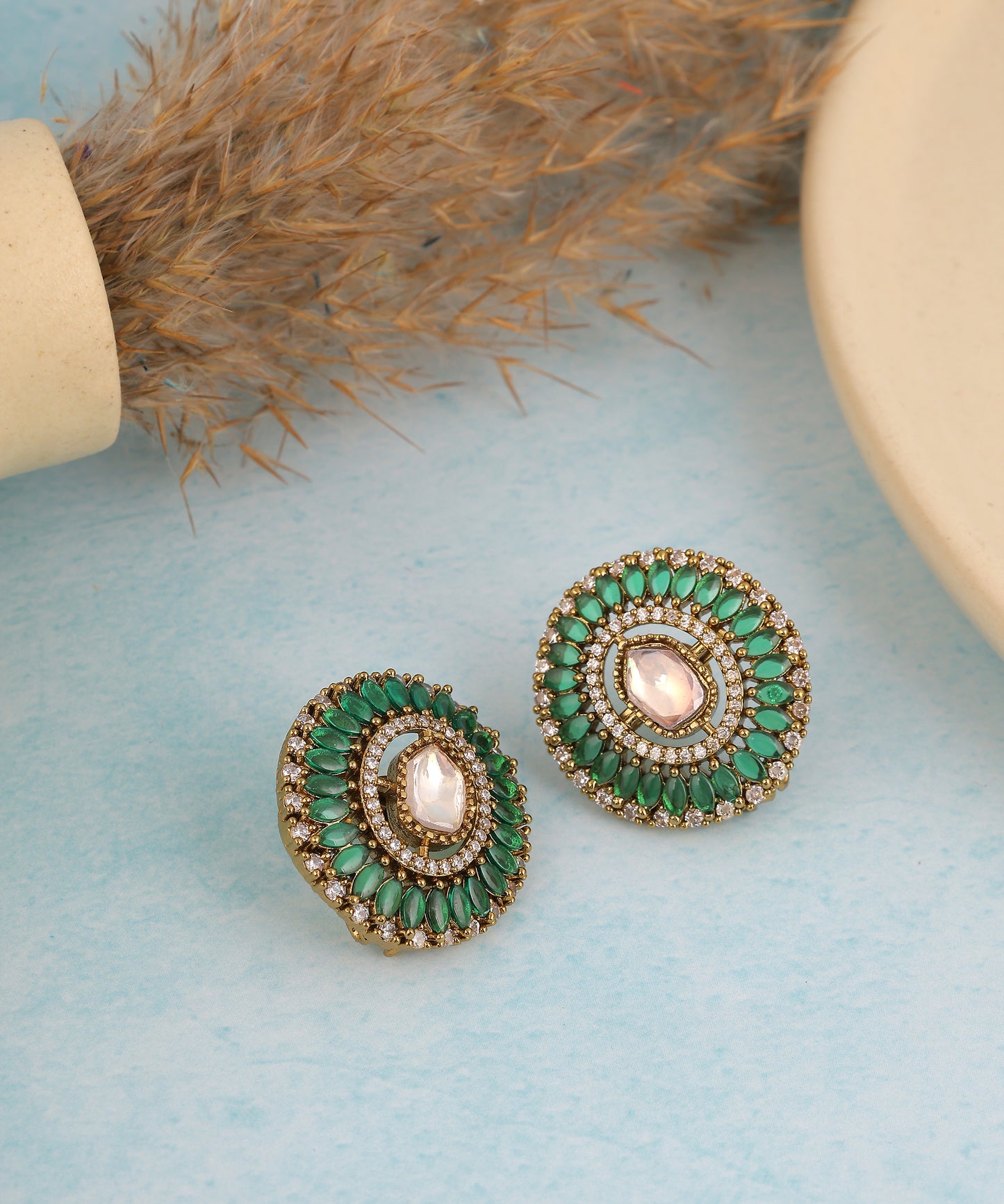 Emerald Green Polki Gold Toned Studs