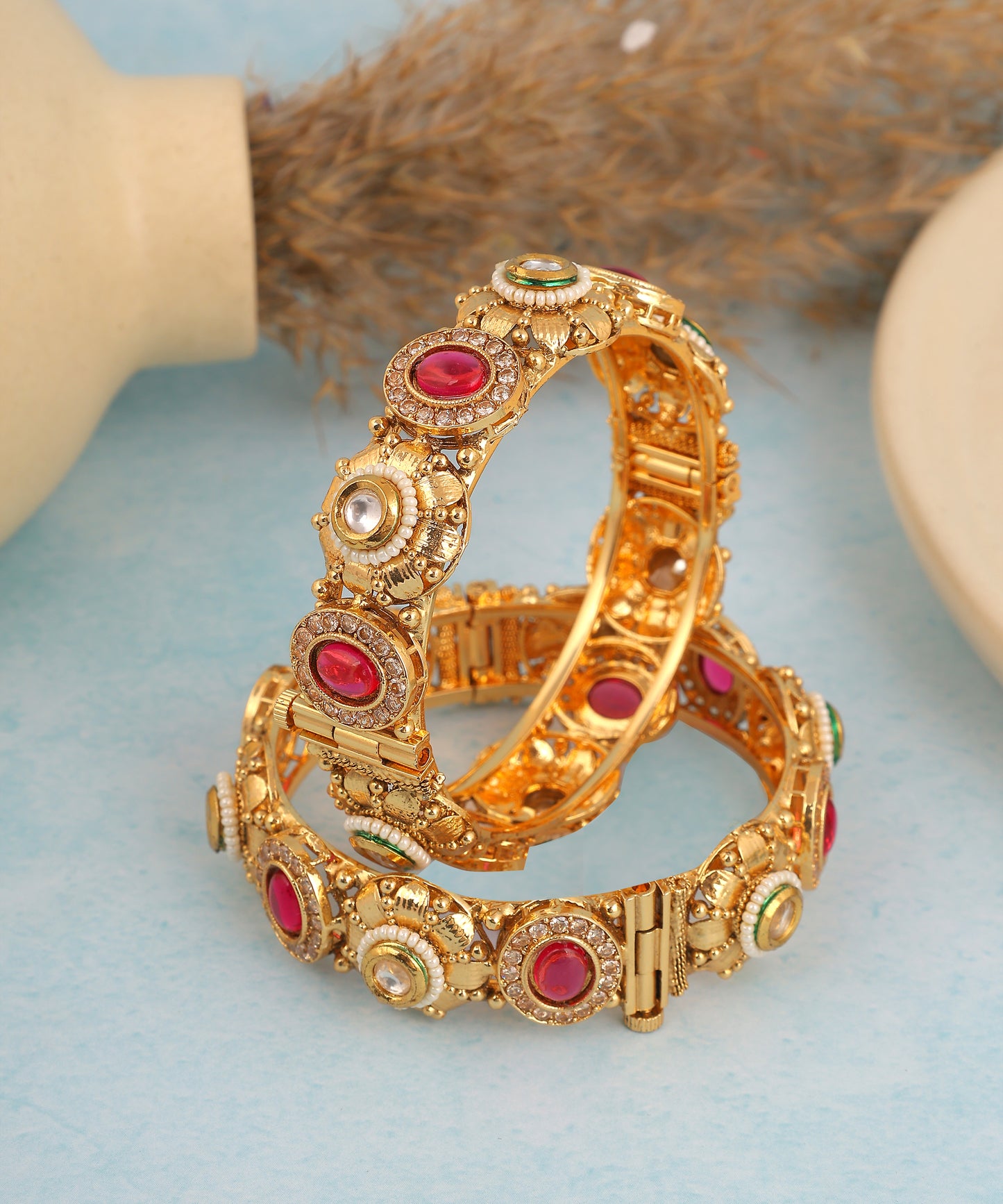 Pink Stone And Polki Studded Gold Toned Bangles