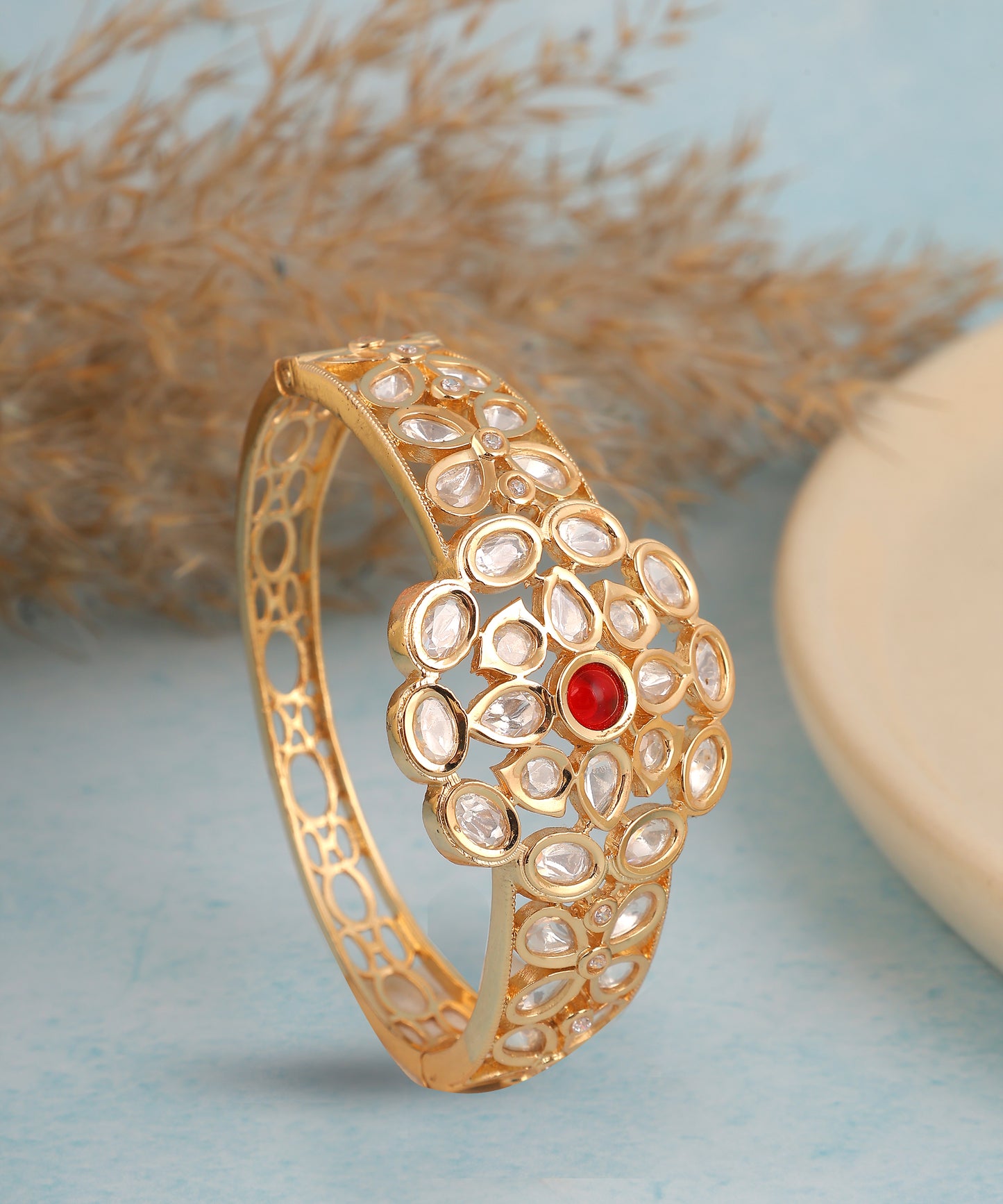 Floral Polki Bracelet With Ruby Stone