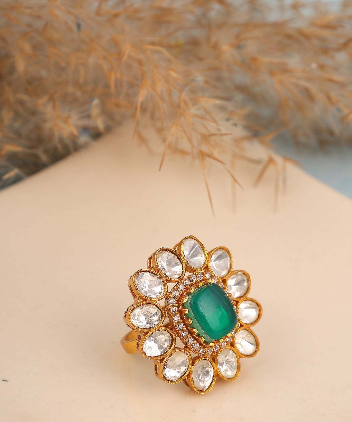 Polki And Emerald Studded Floral Ring