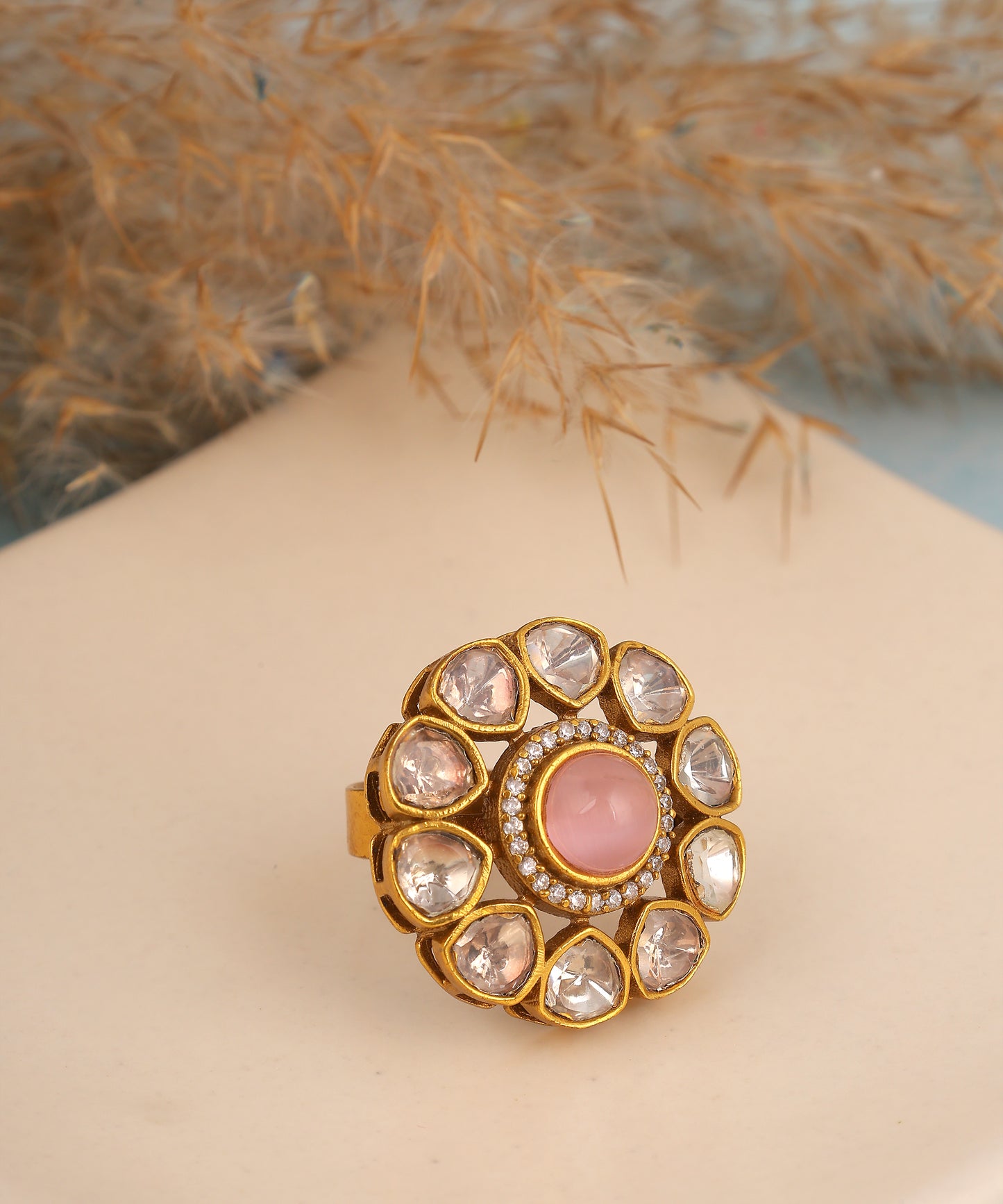 Baby Pink Floral Polki Ring