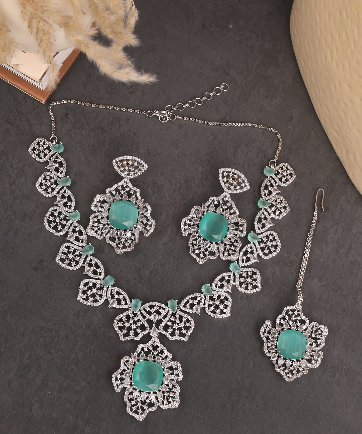 Sea Green Statement Floral Necklace With Maangtikka