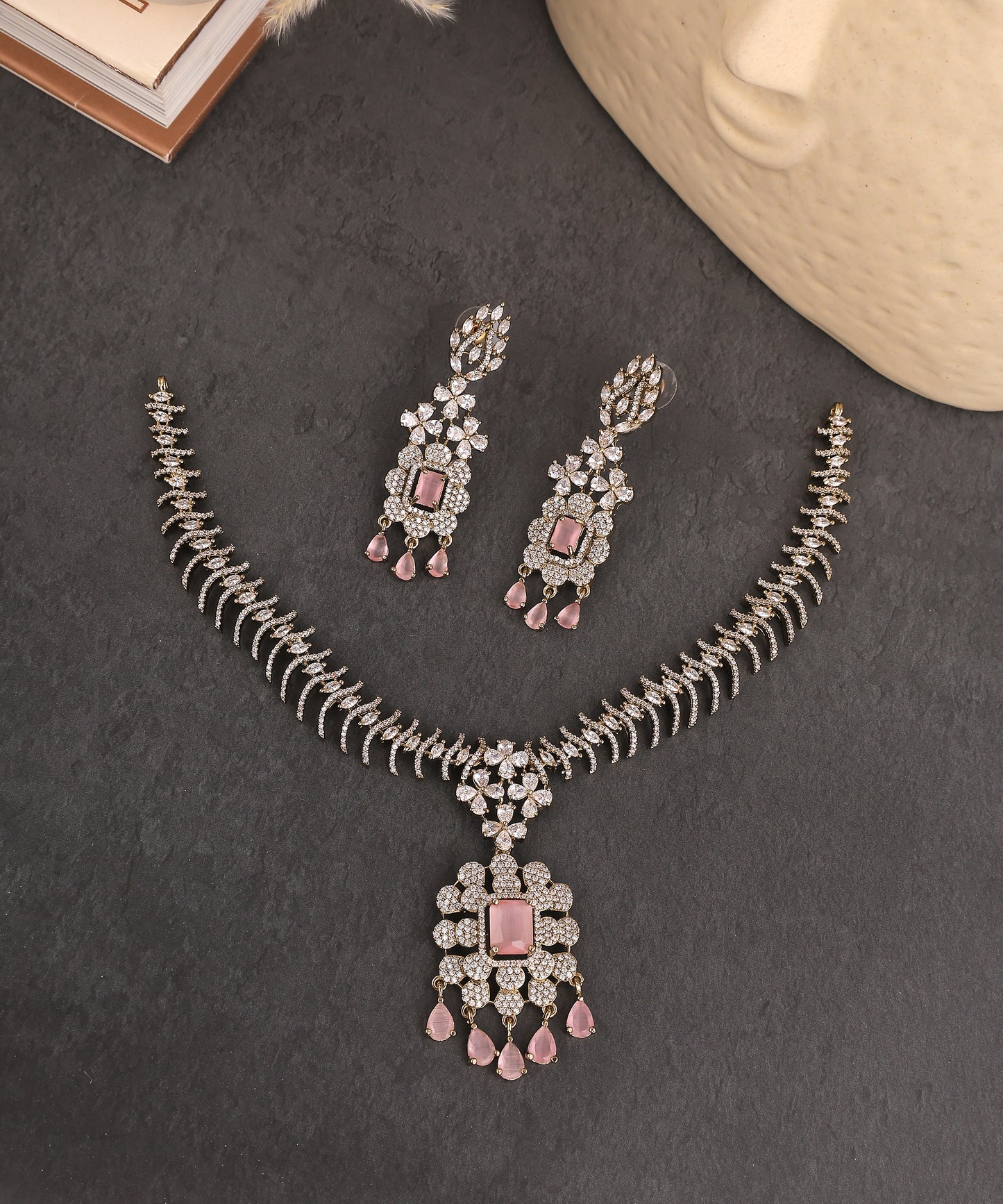 Floral Baby Pink Gold Toned Artificial Diamond Necklace