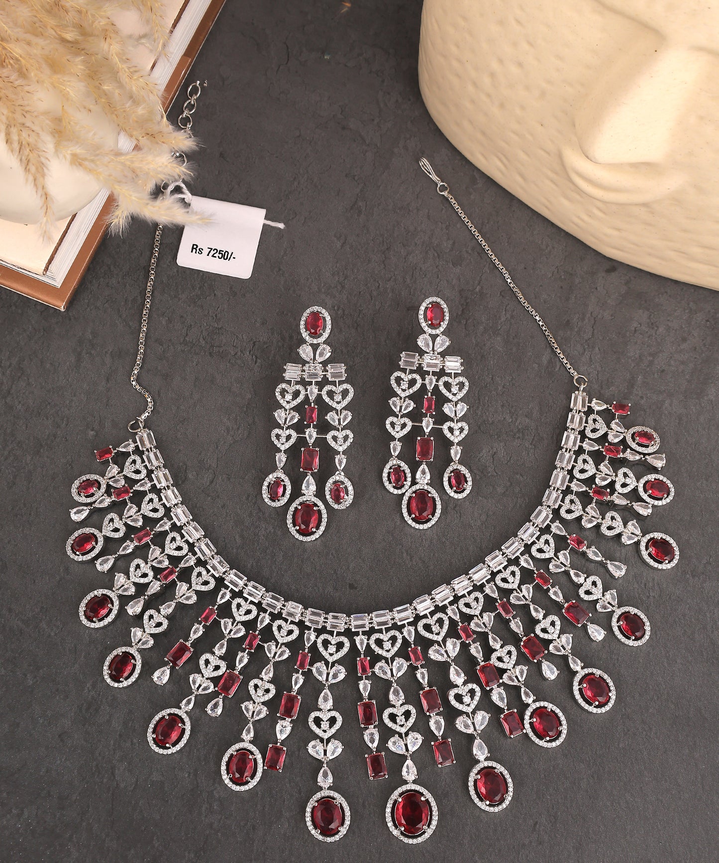 Estella Necklace Featuring Ruby Stones And Artificial Diamonds