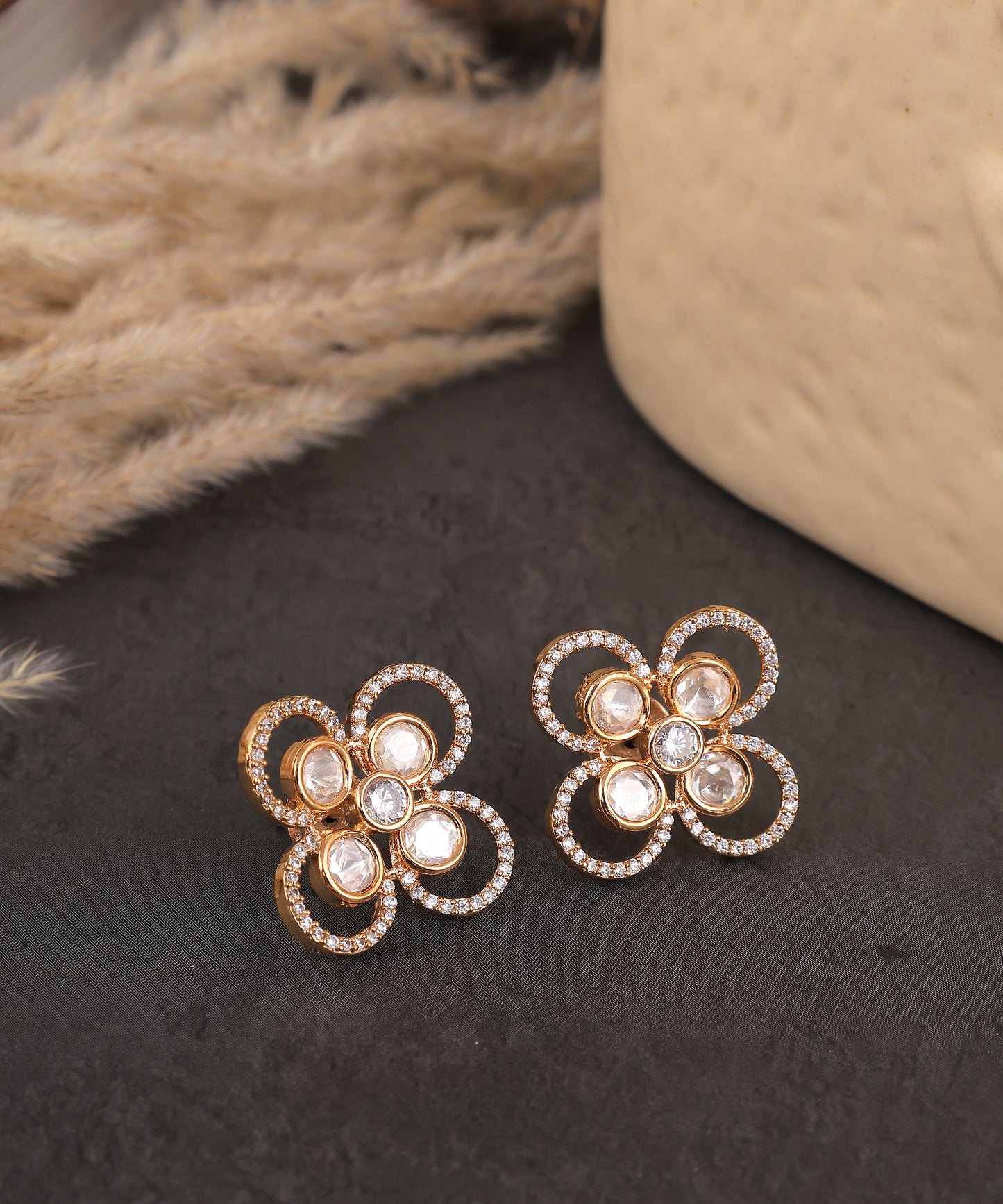 Floral Gold Toned Polki Studs/Earrings