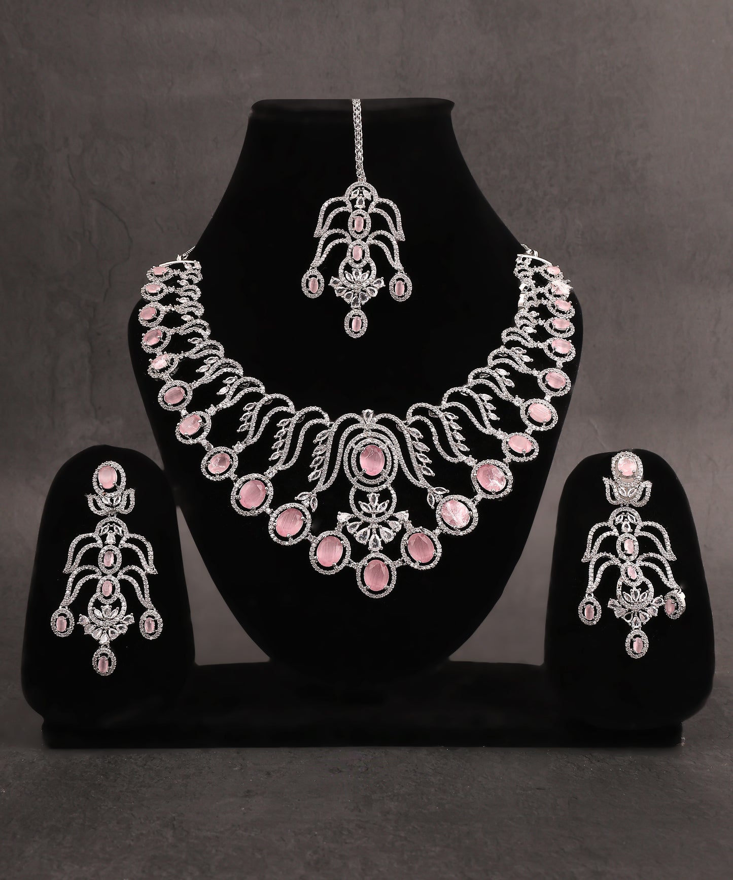 Baby Pink Designer Artificial Diamond Necklace Set With Maangtikka