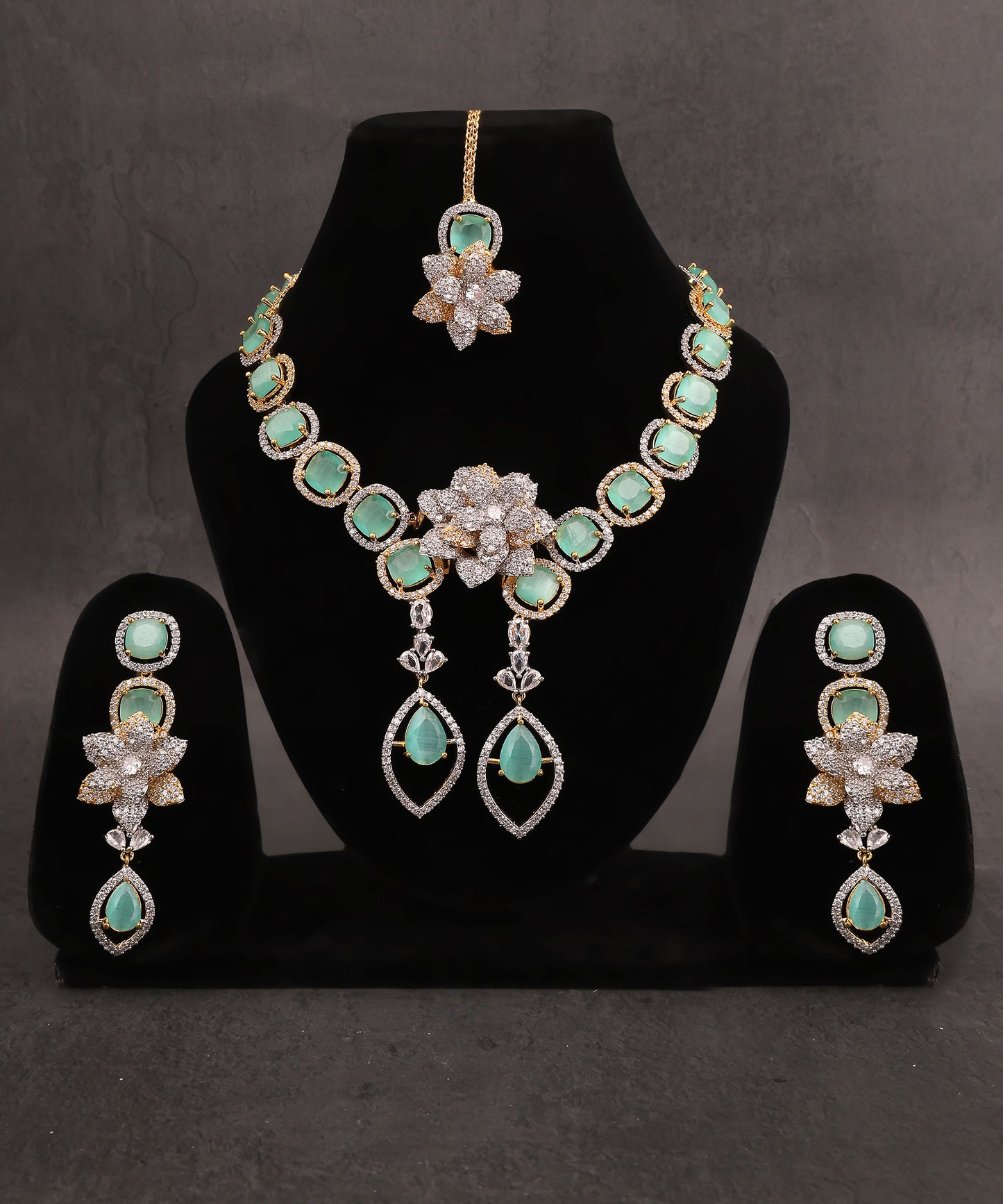 Designer Flower Embellised Double Drop Sea Green Artificial Diamond Necklace